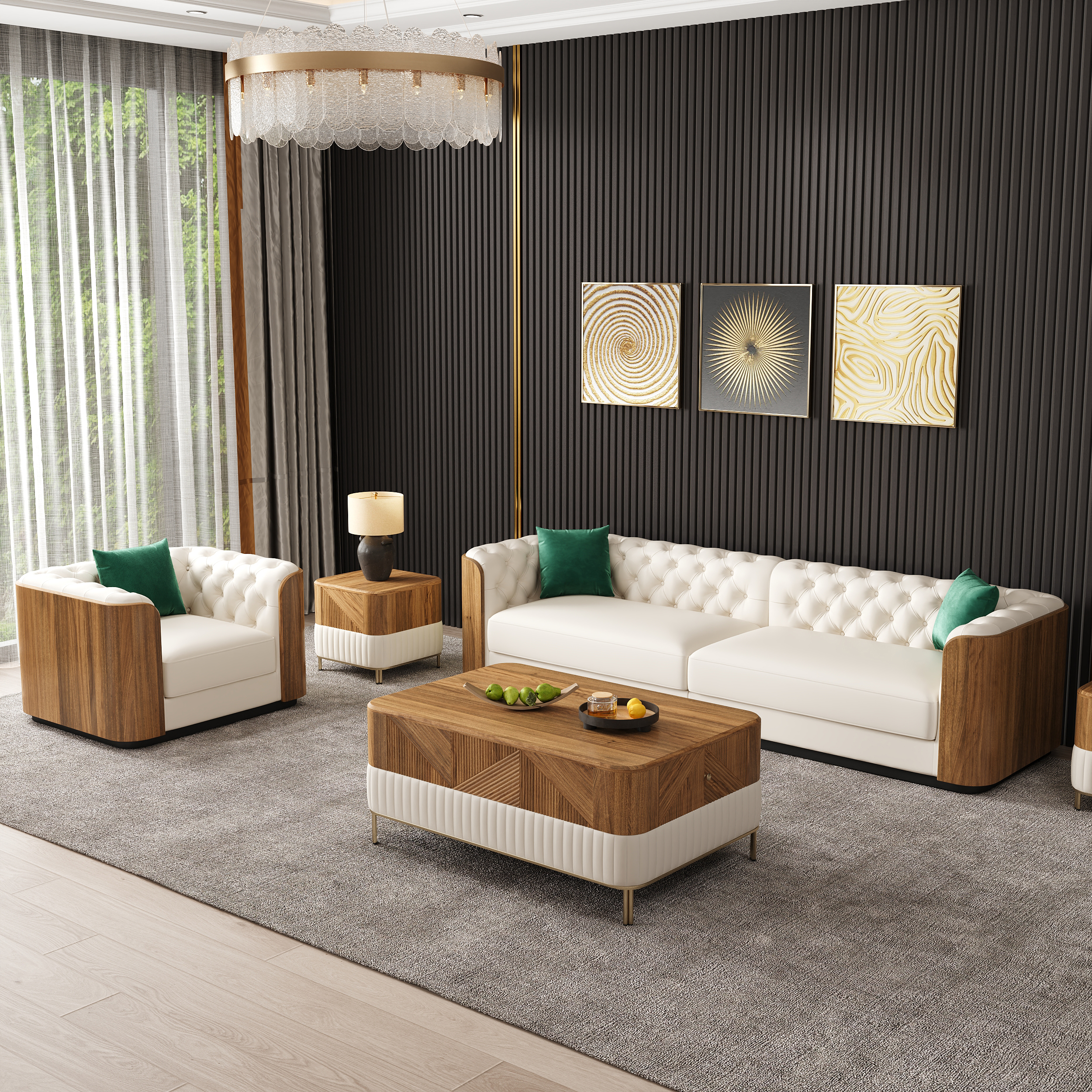 Wovent 111" Modern Faux Leather Tufted Sofa Living Room Set of 2