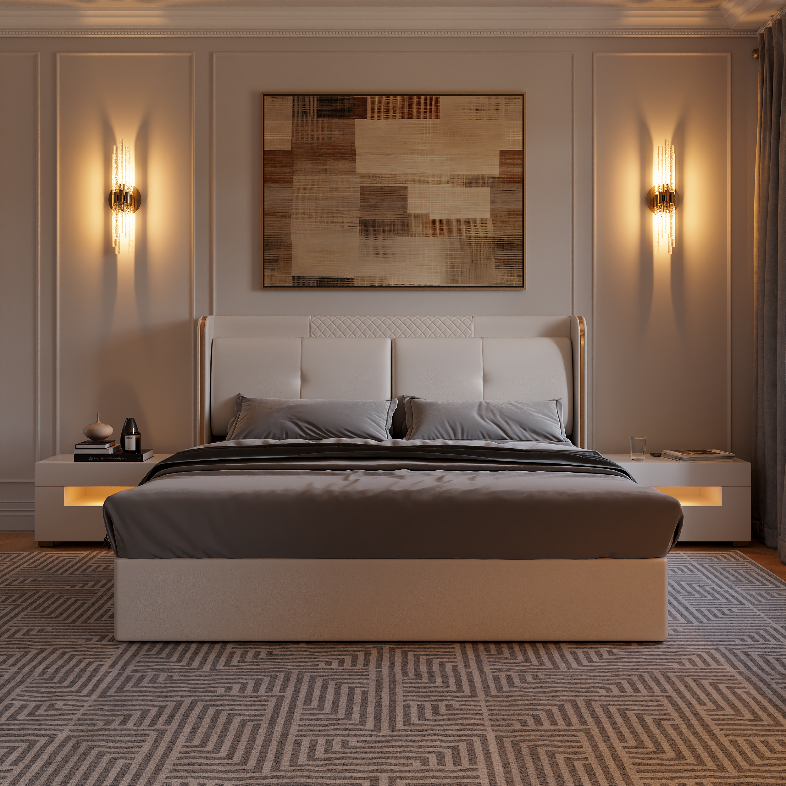 Homary White Wingback King Bed with Faux Leather Upholstered Foam Padding Headboard & Wood