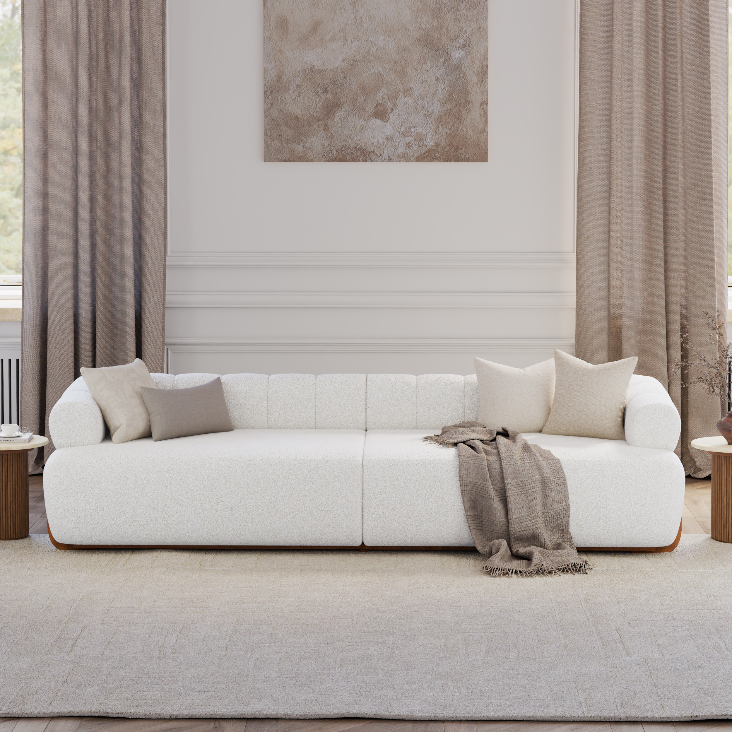 120" Boucle Modular Chaise Sectional Sofa 2 Pieces White Sectional Couch wiith Wood Legs (4