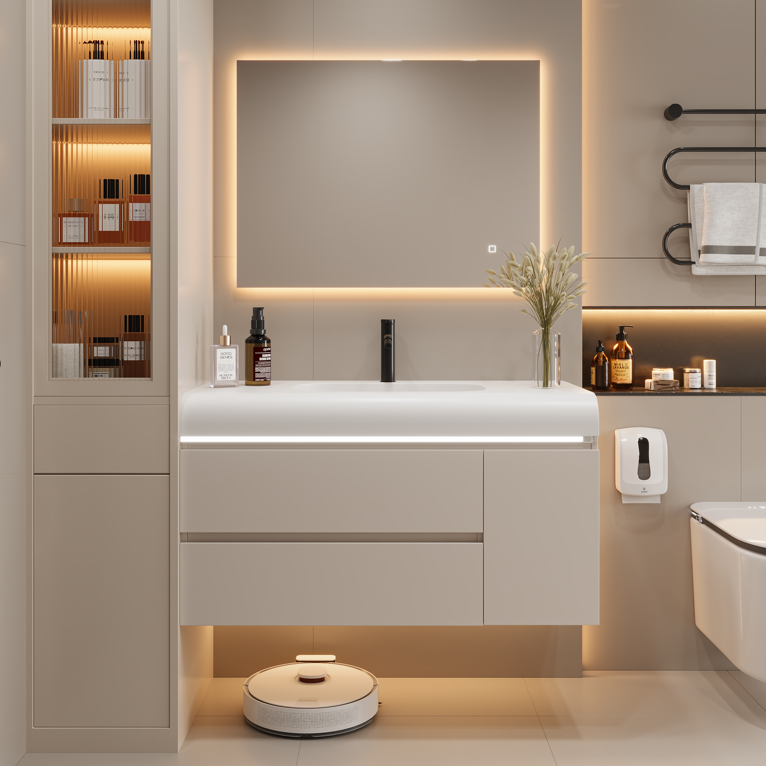 1000mm Curved Design Wall Mounted Bathroom Vanity With Ample Storages and Light