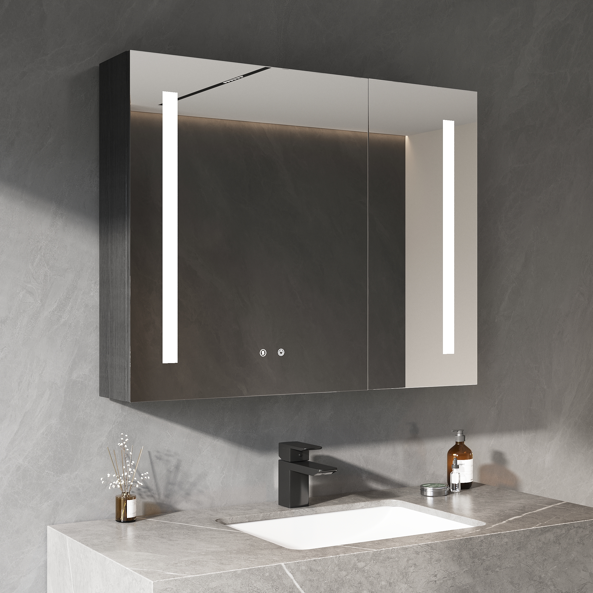 800mm Black Multifunctional Bathroom Mirror Cabinet Wall-mounted with Demister & Adjustable Light