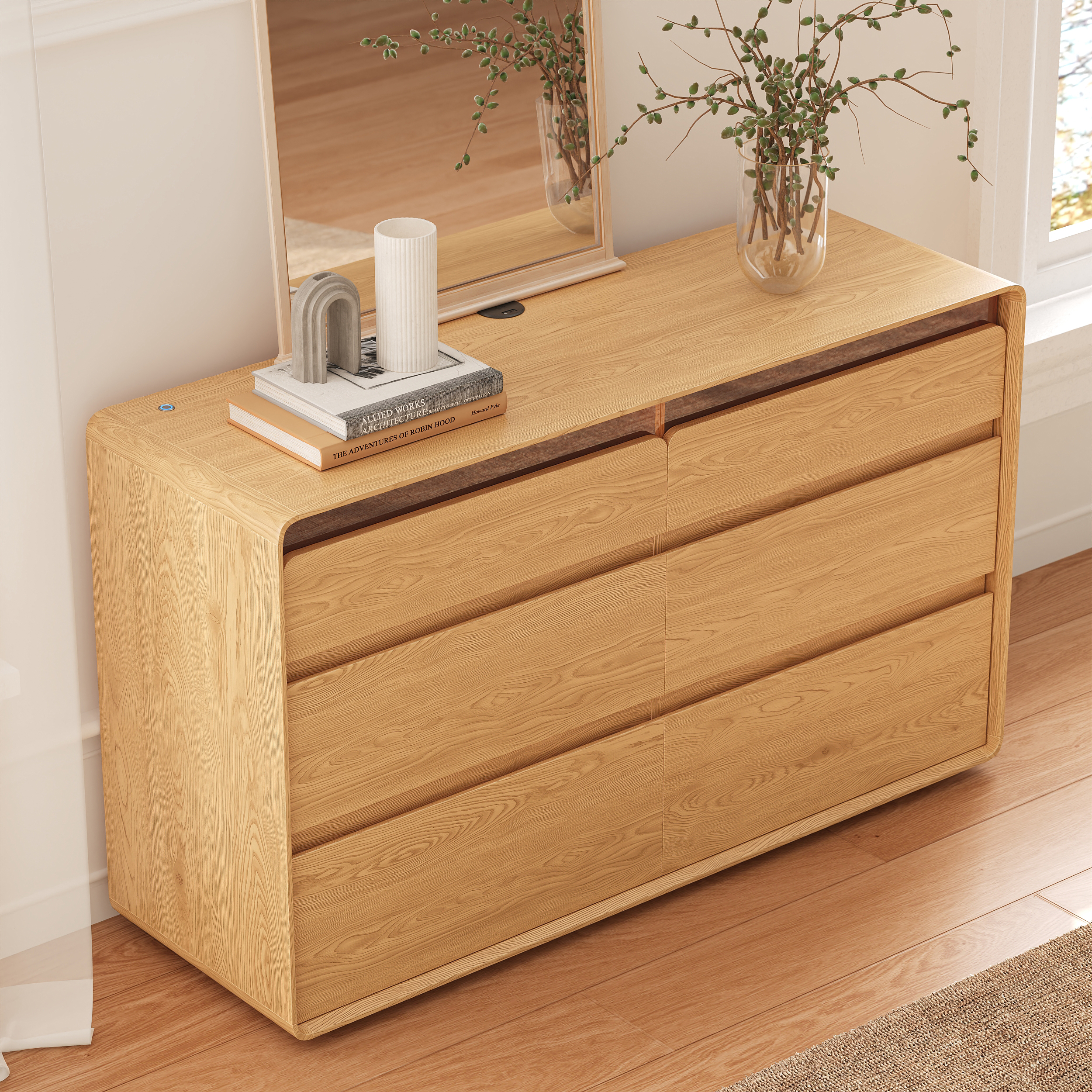 47" Wooden 6-Drawer LED Dresser with Charging Station