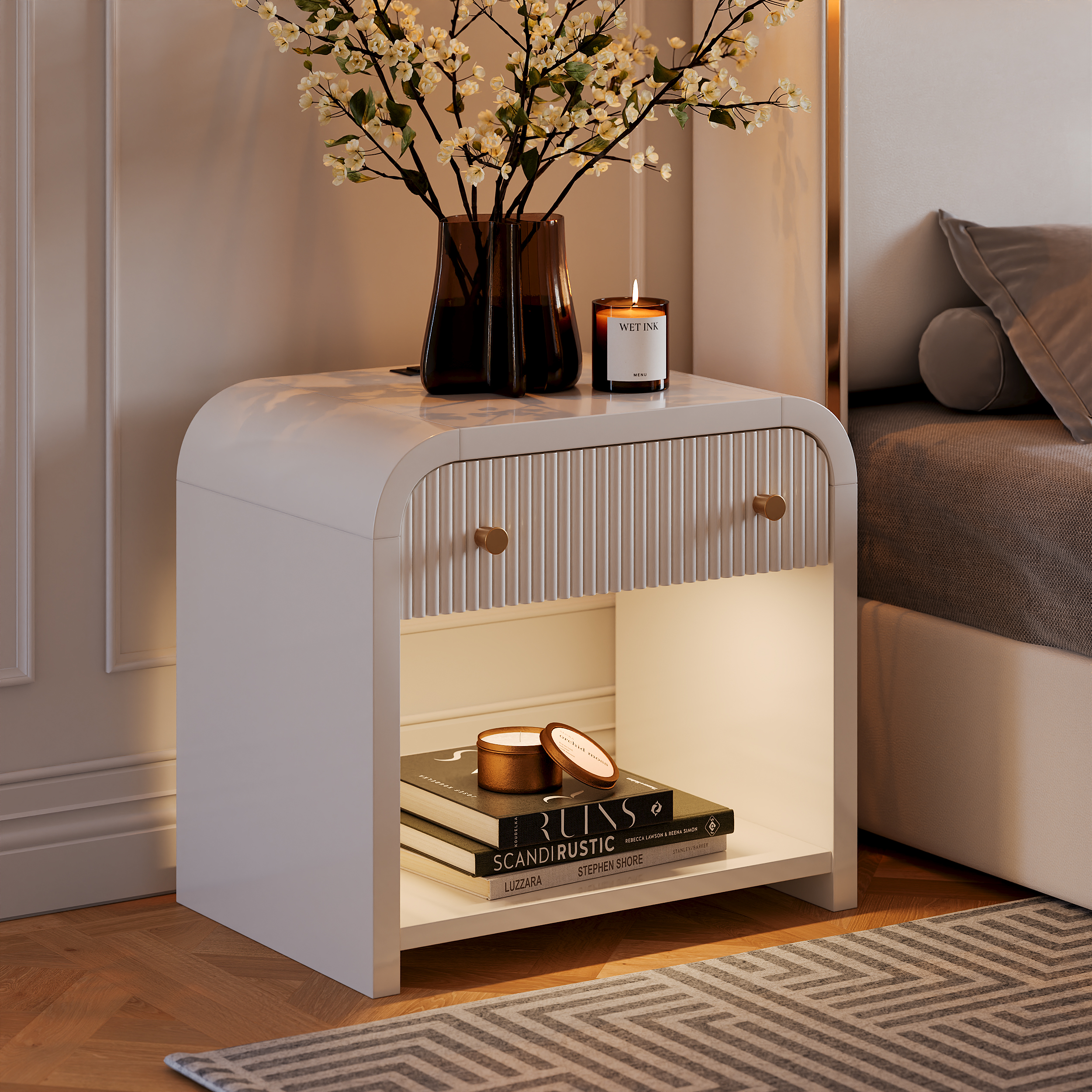 26"" Fluted Wide Waterfall Nightstand with Charging Station & Light