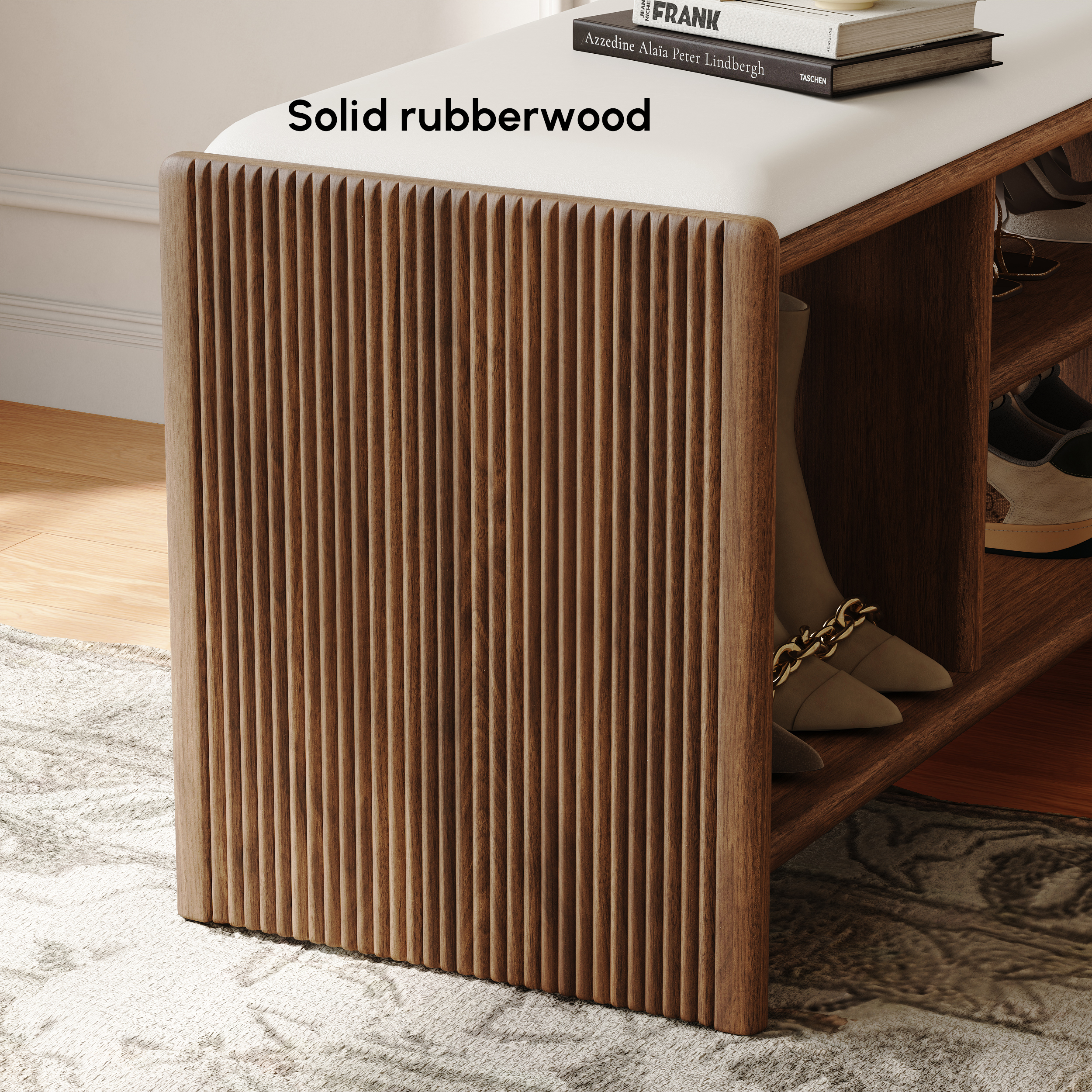 Modern Leather Upholstered Entryway Bench in Walnut Wood Shoe