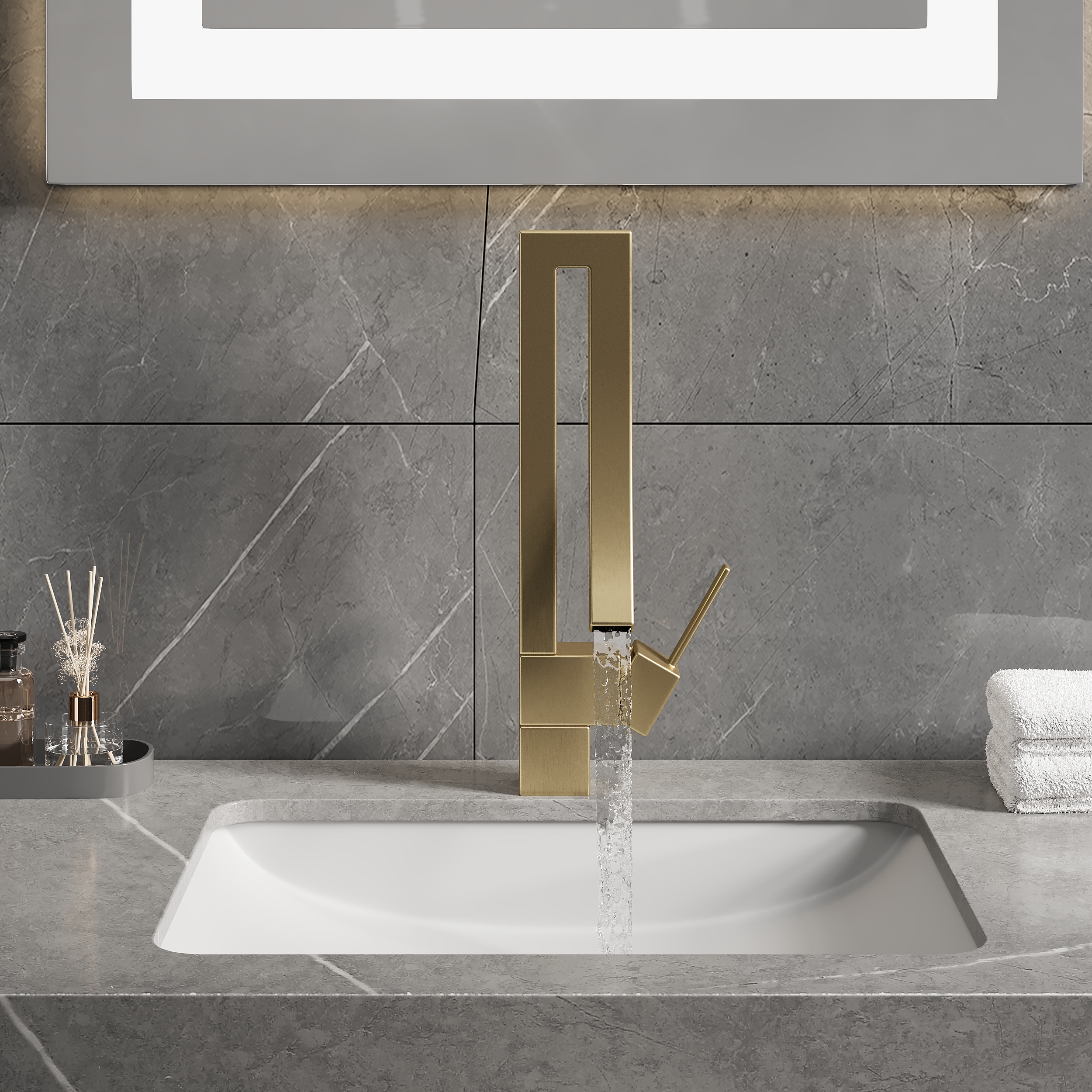 Brushed Gold Waterfall Bathroom Sink Faucet Single Hole Single Handle Brass Modern Style