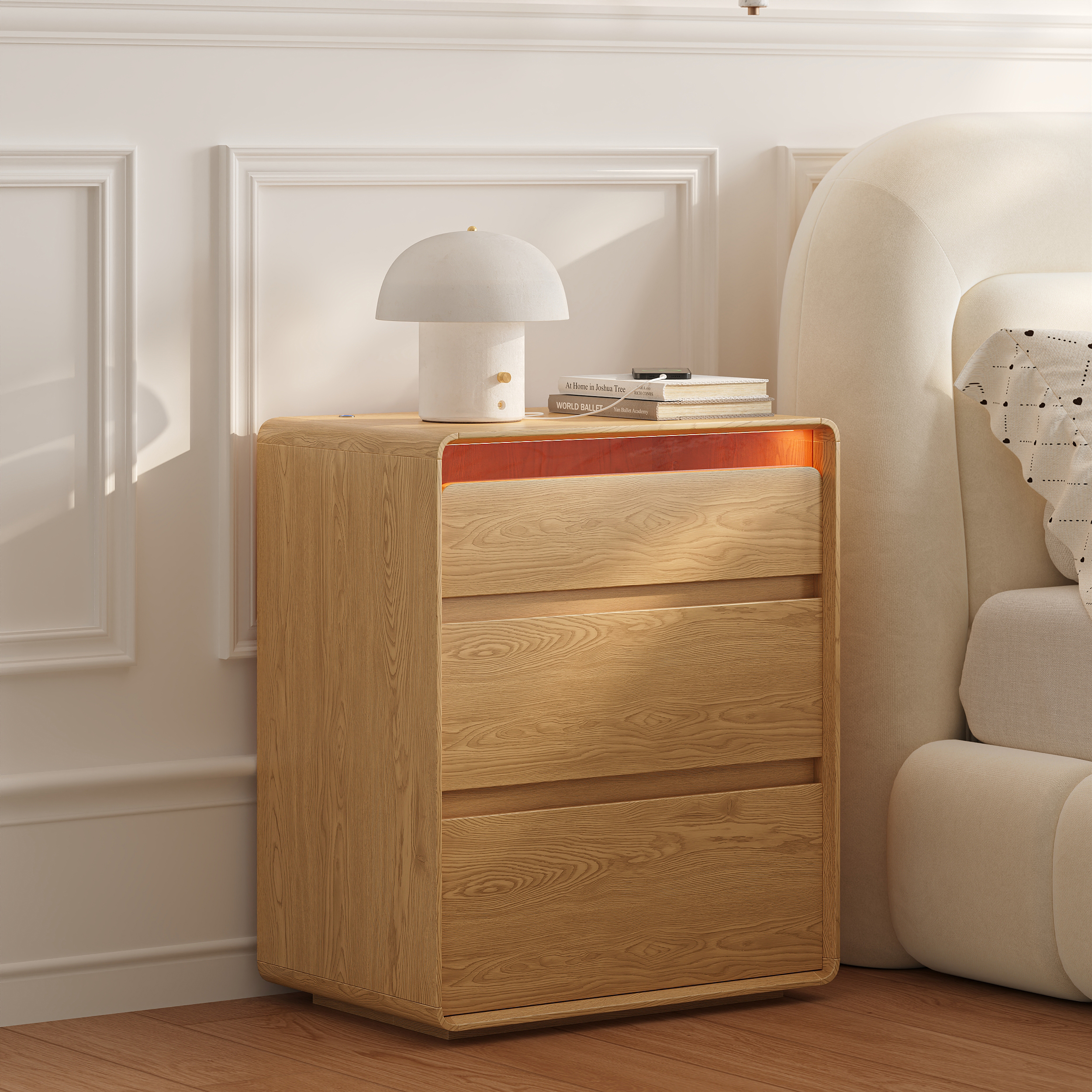 24" Wooden 3-Drawer Smart Nightstand With LED Lighting & Sensor Charging