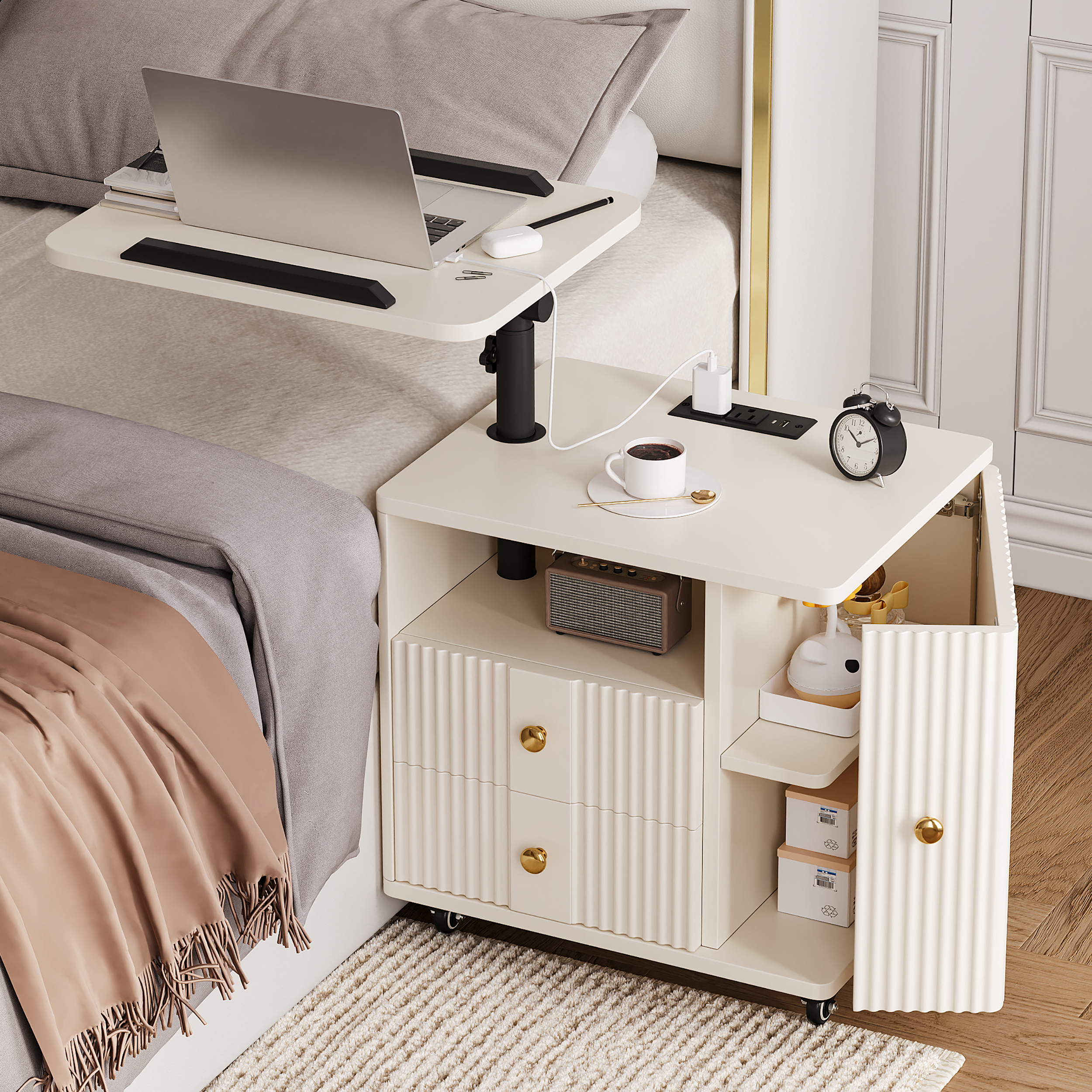 Fluted Smart Nightstand with Lift Up Table & Charging Station