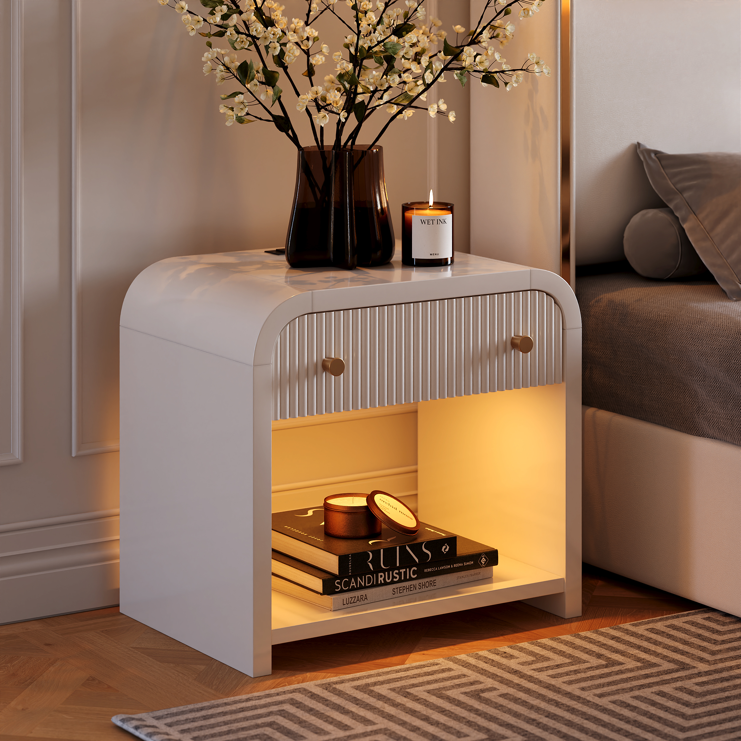 26" Fluted Wide Waterfall Nightstand with Charging Station & Light