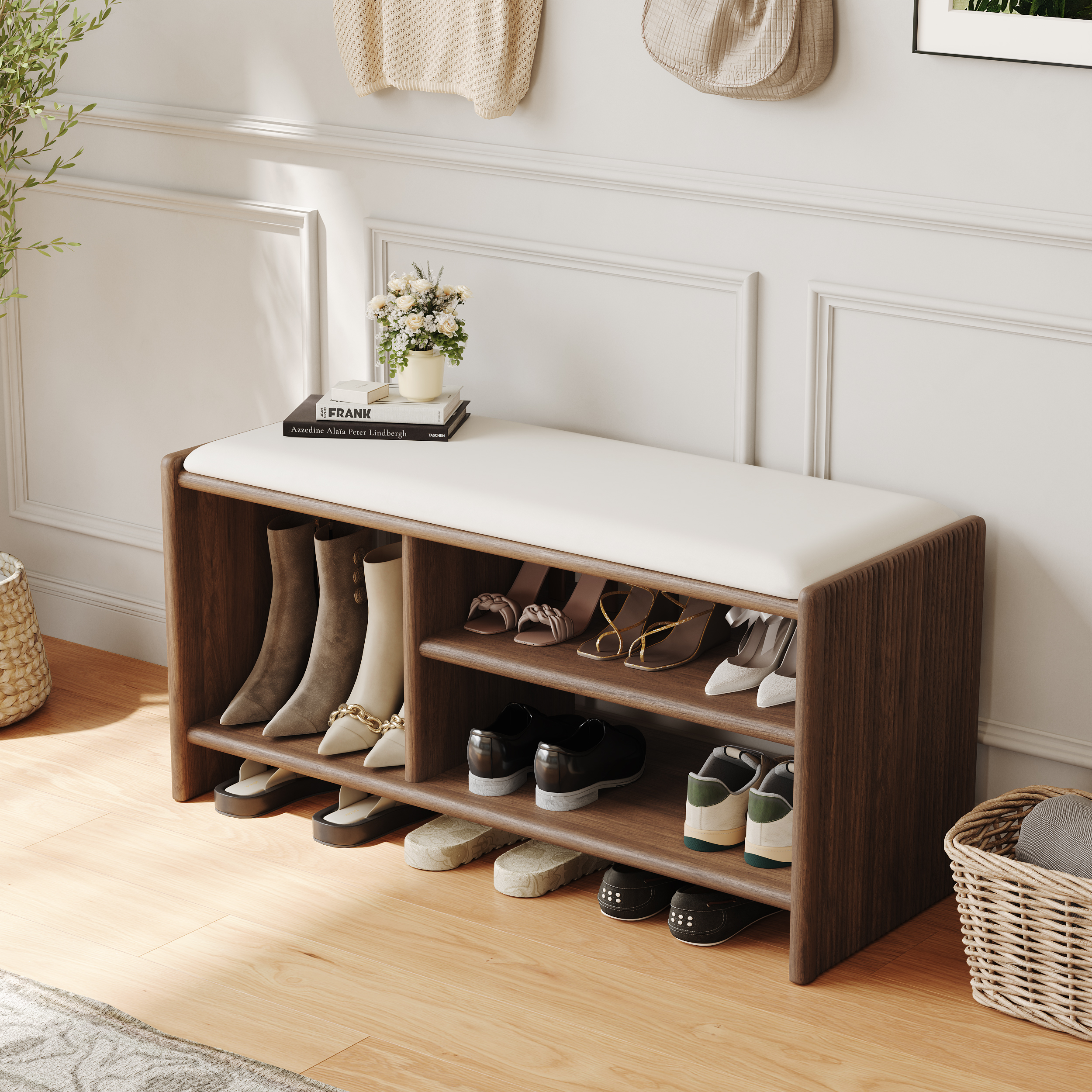 Modern Leather Upholstered Entryway Bench in Walnut Wood Shoe Storage (1200mm Wide)
