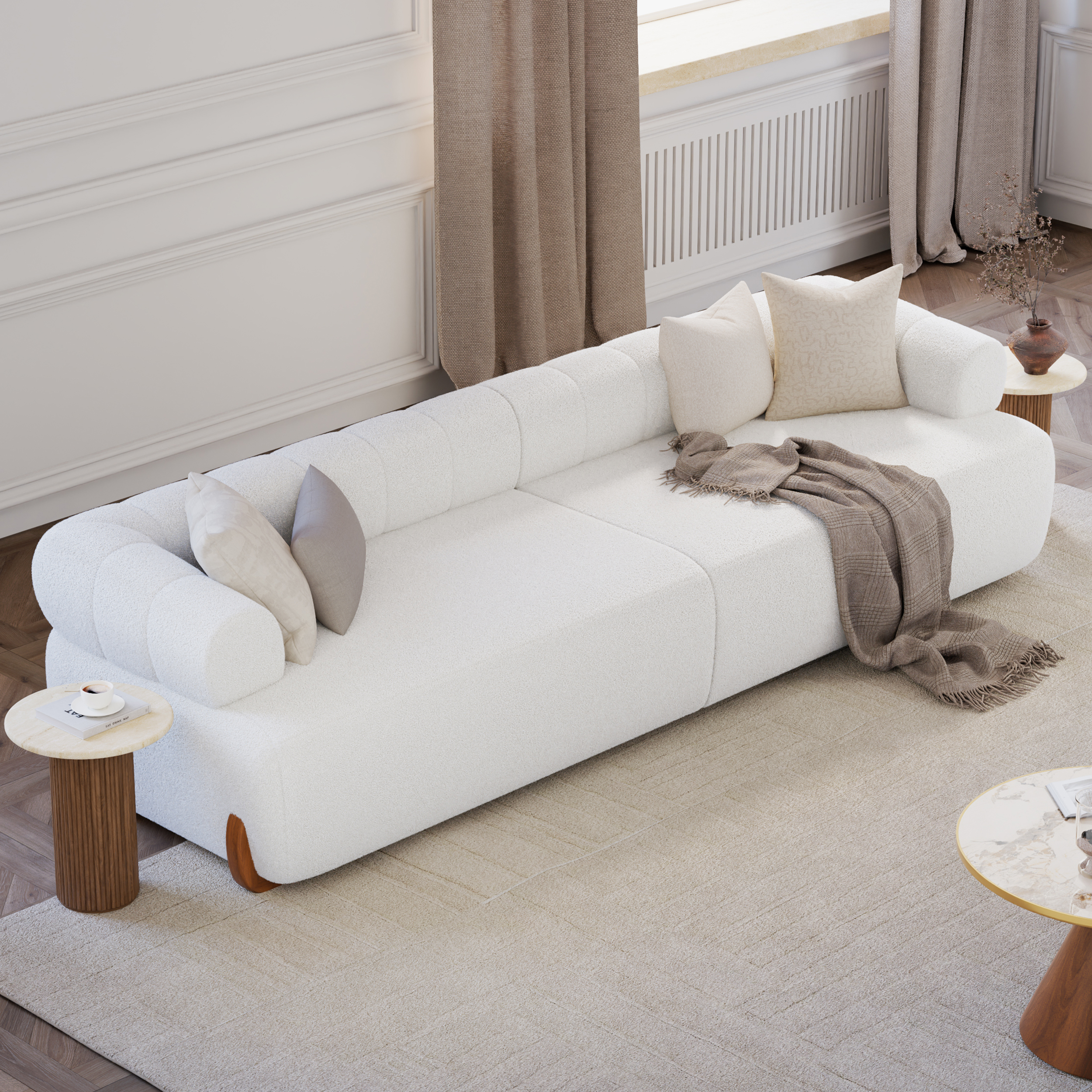 3040mm Boucle Modular Chaise Sectional Sofa 2 Pieces White Sectional Couch wiith Wood Legs (4 Seater)