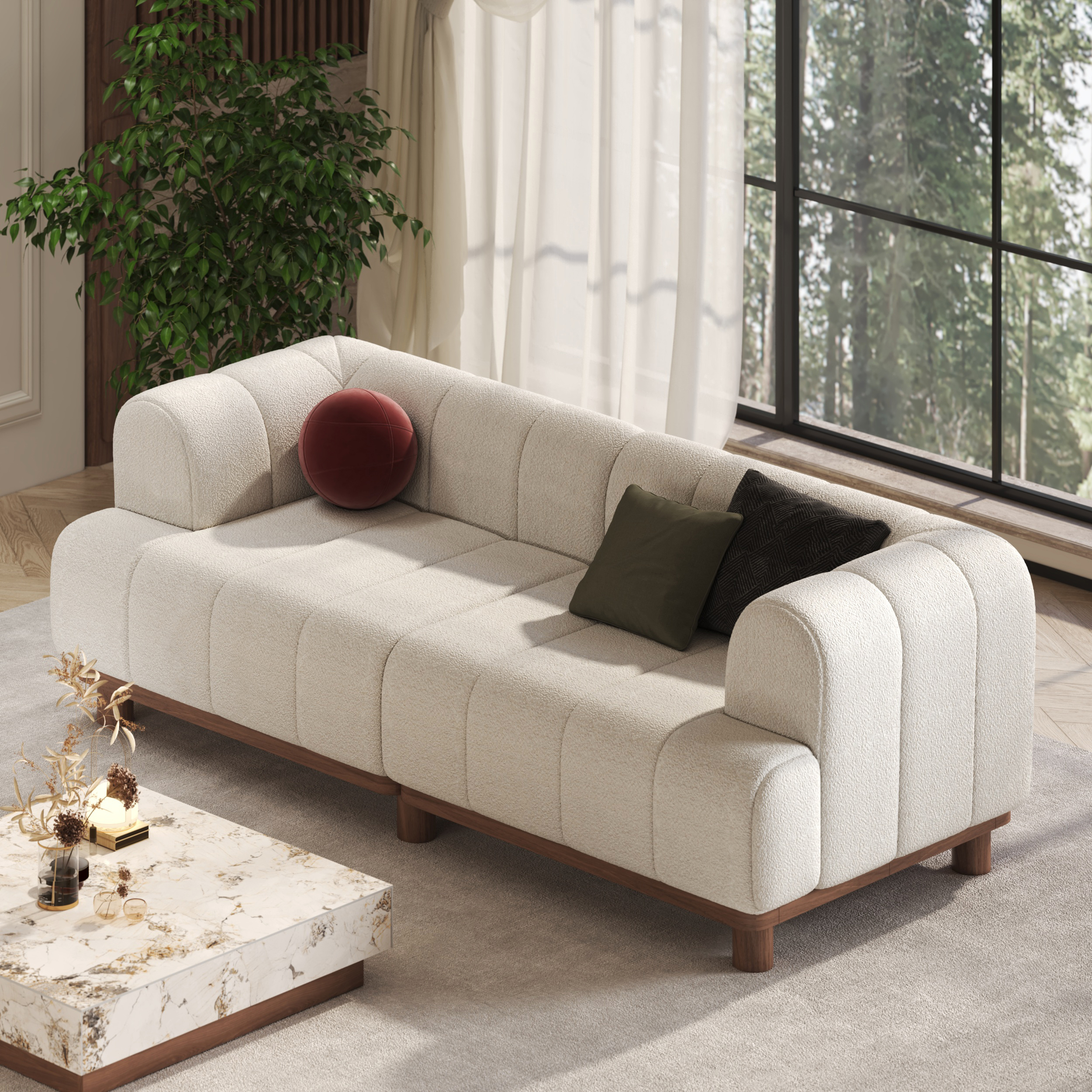 2000mm Boucle Sofa Modern 2 Seater White Couch with Cushion