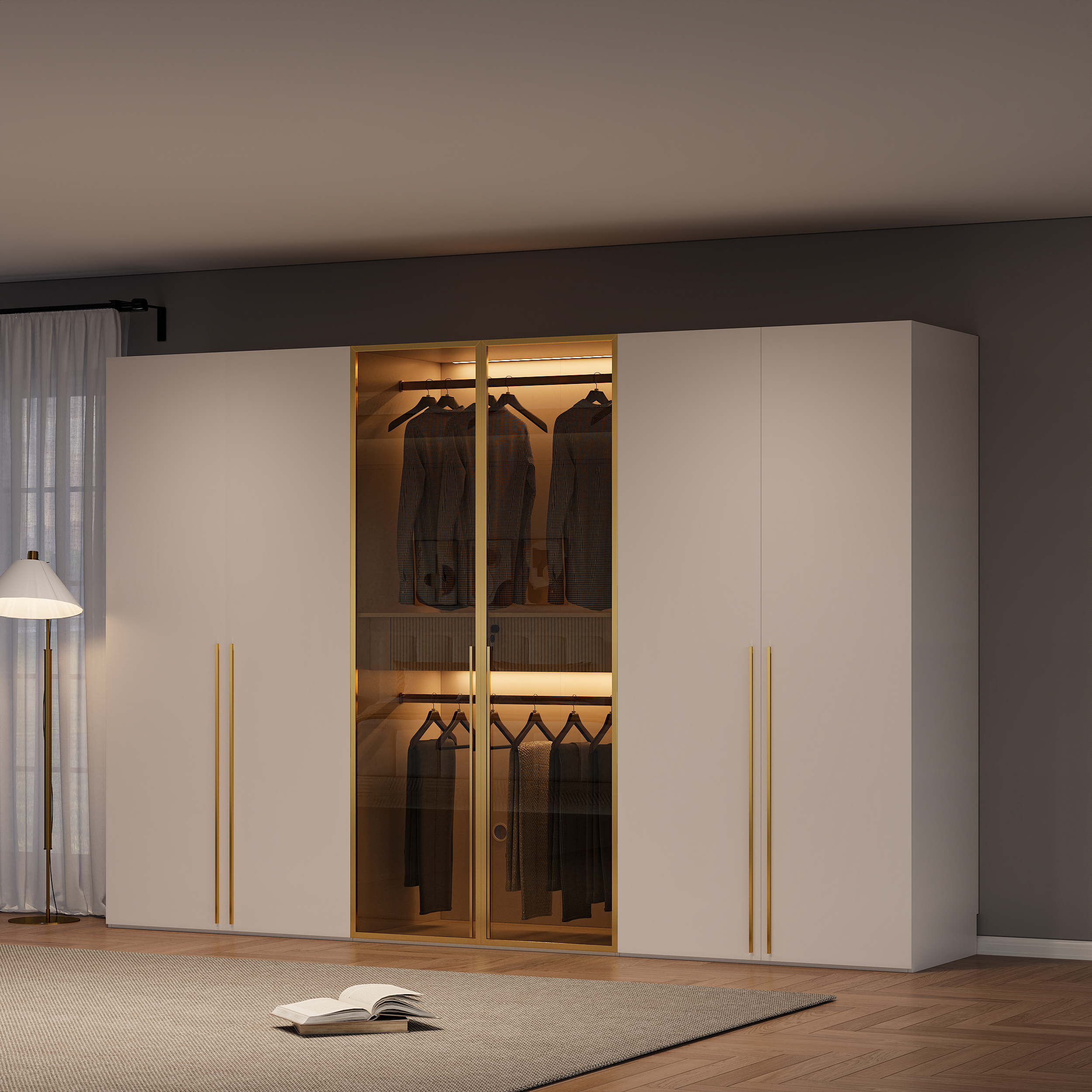 Wardrobe made of melamine board and glass in white and brown with six doors, glass doors