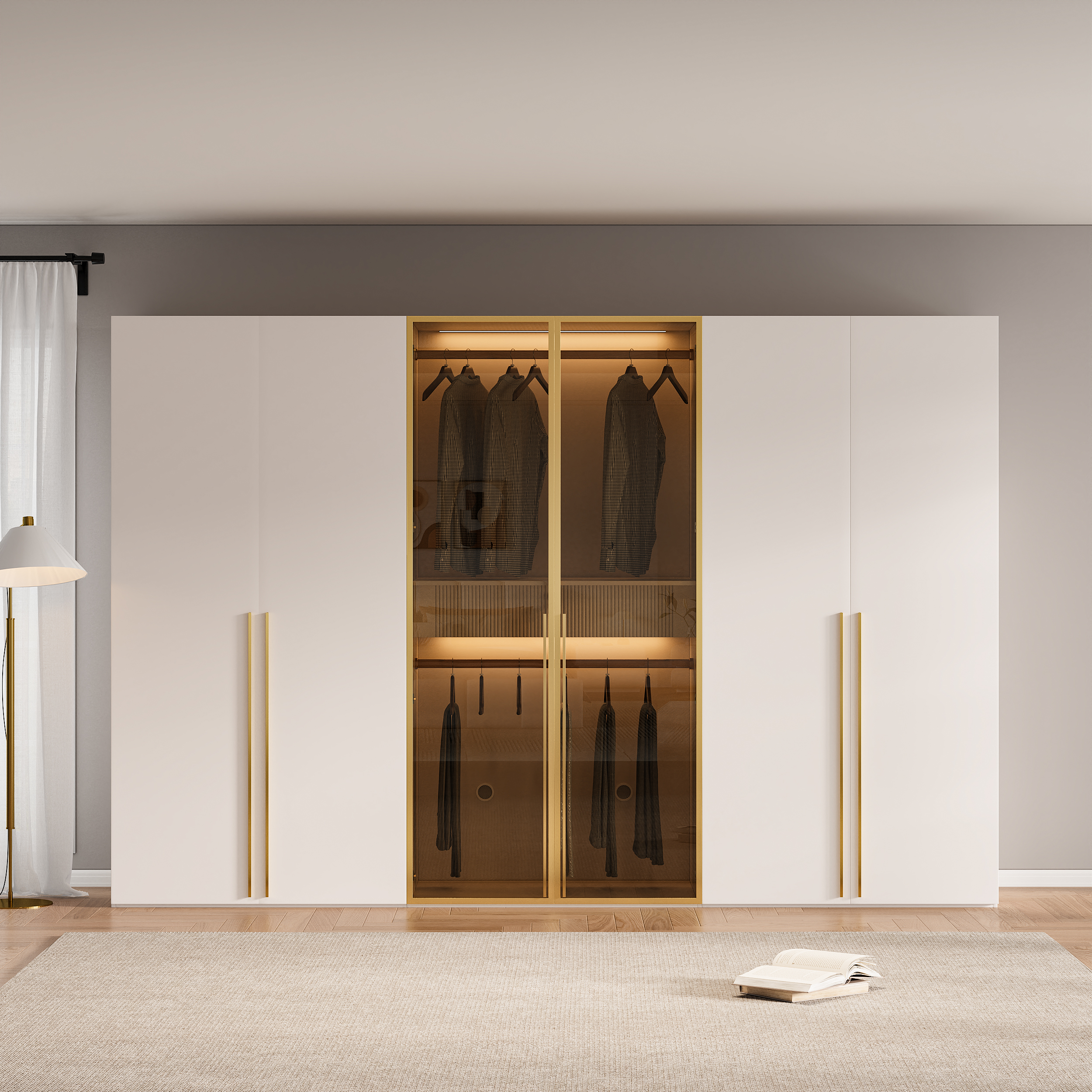 Wardrobe made of melamine board and glass in white and brown with six doors, glass doors