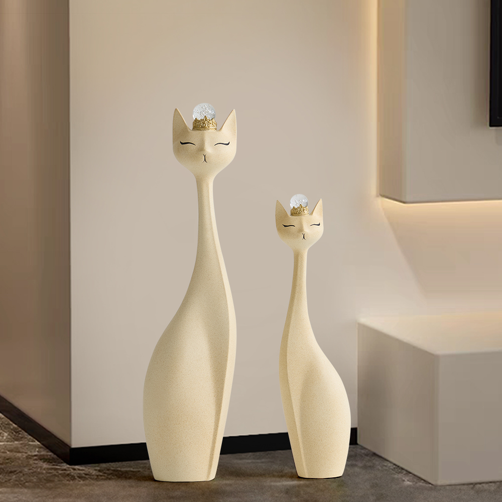 Beige Resin Cat Figurine Set– 31.5" & 24" with Crystal Crowns