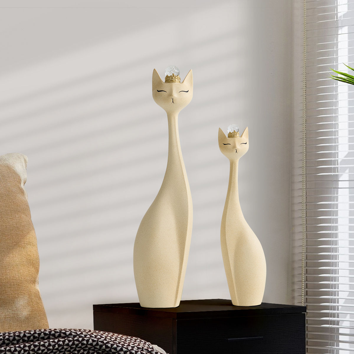 Beige Resin Cat Figurine Set– 31.5" & 24" with Crystal Crowns