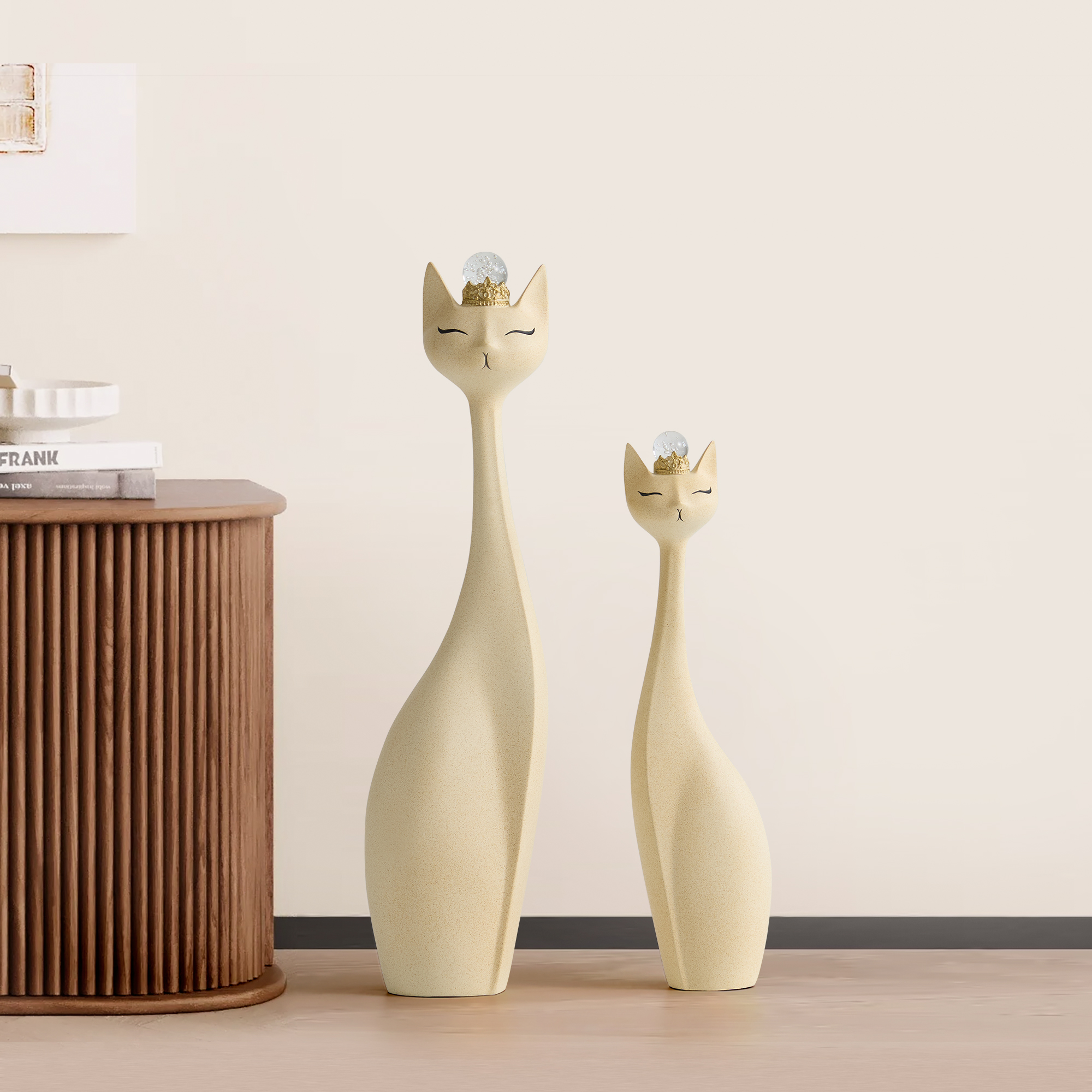 Beige Resin Cat Figurine Set– 31.5" & 24" with Crystal Crowns