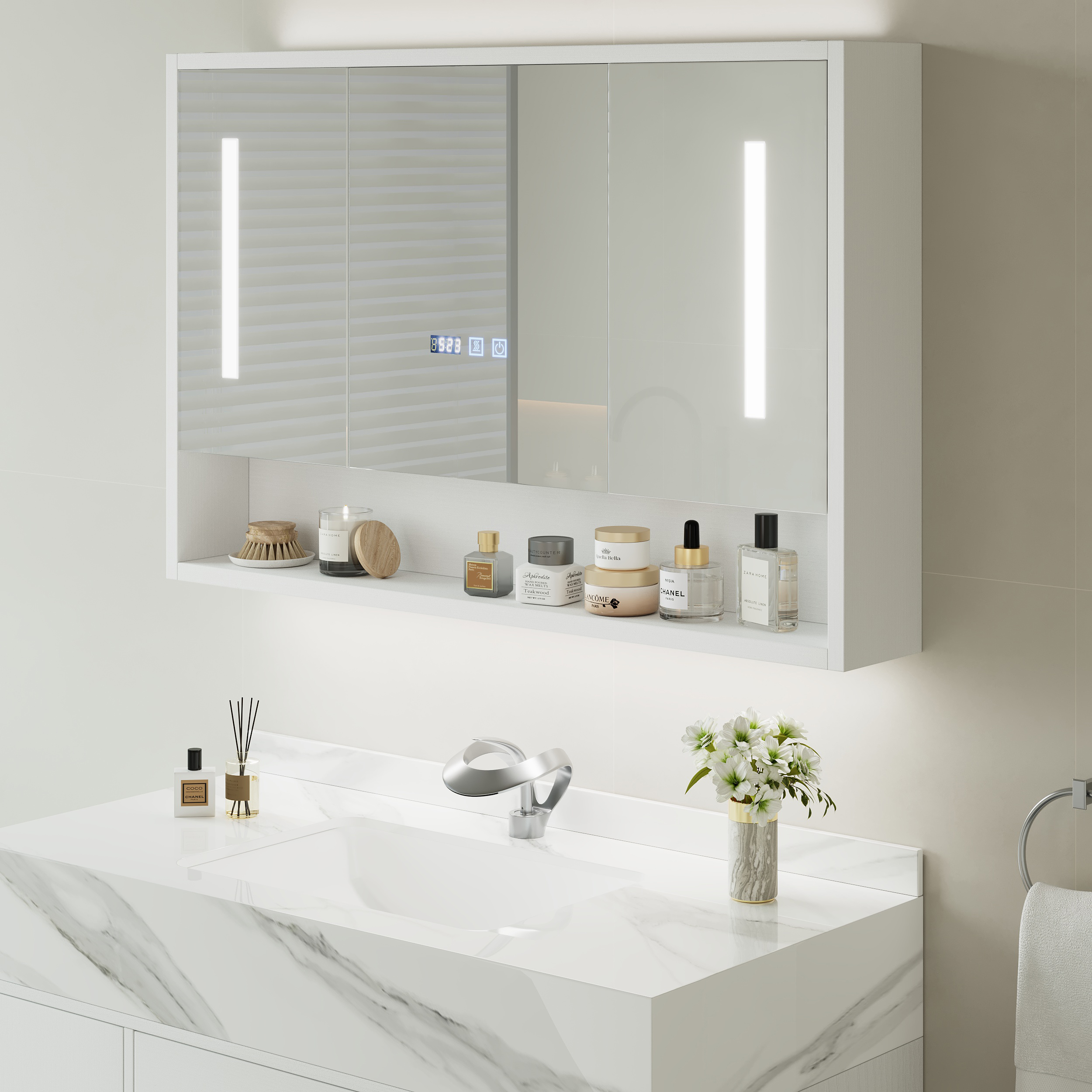 39" White LED Medicine Cabinet with Adjustable Lighting, Demister & Digital Clock