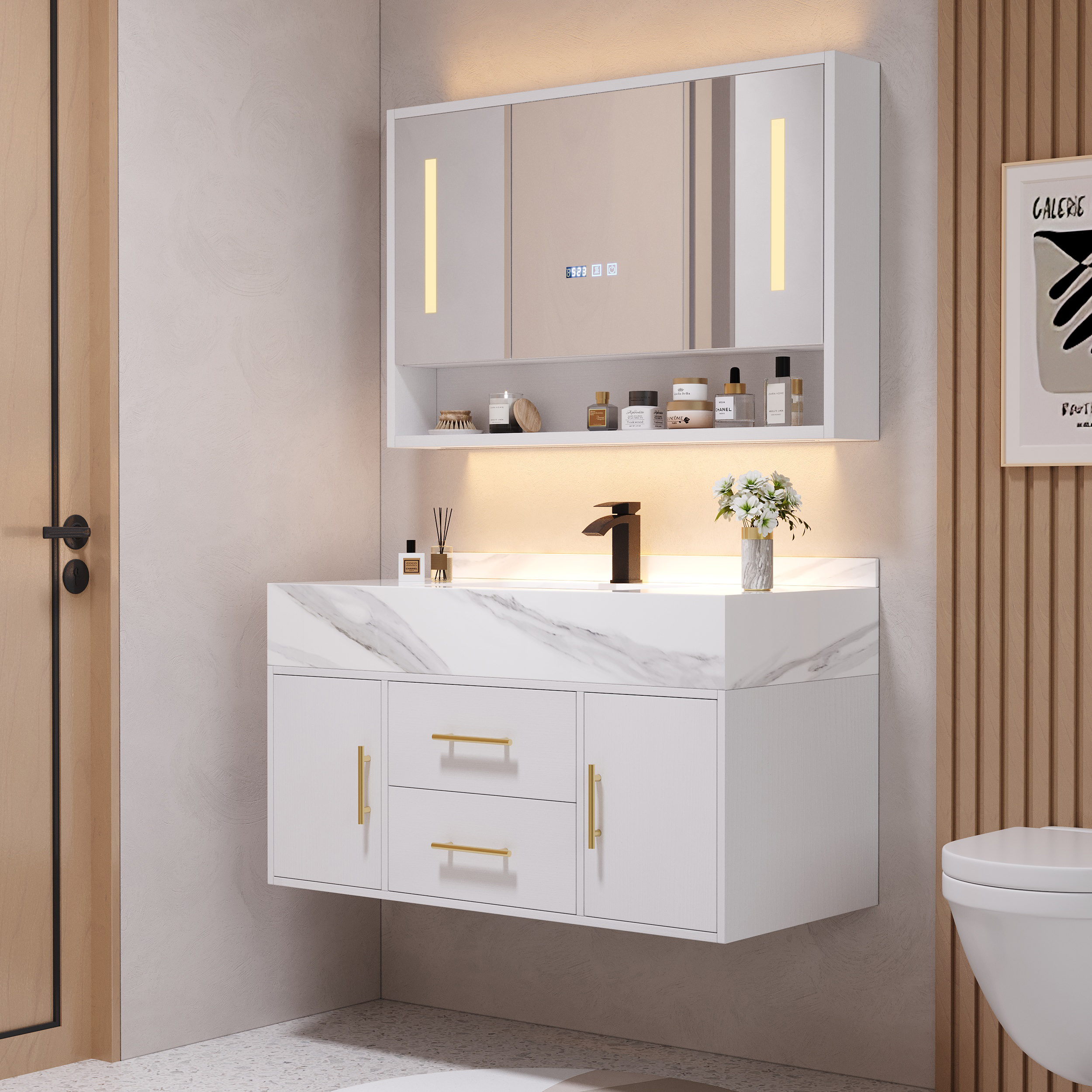 Meuble-lavabo flottant blanc de 100 cm avec armoire de toilette à LED