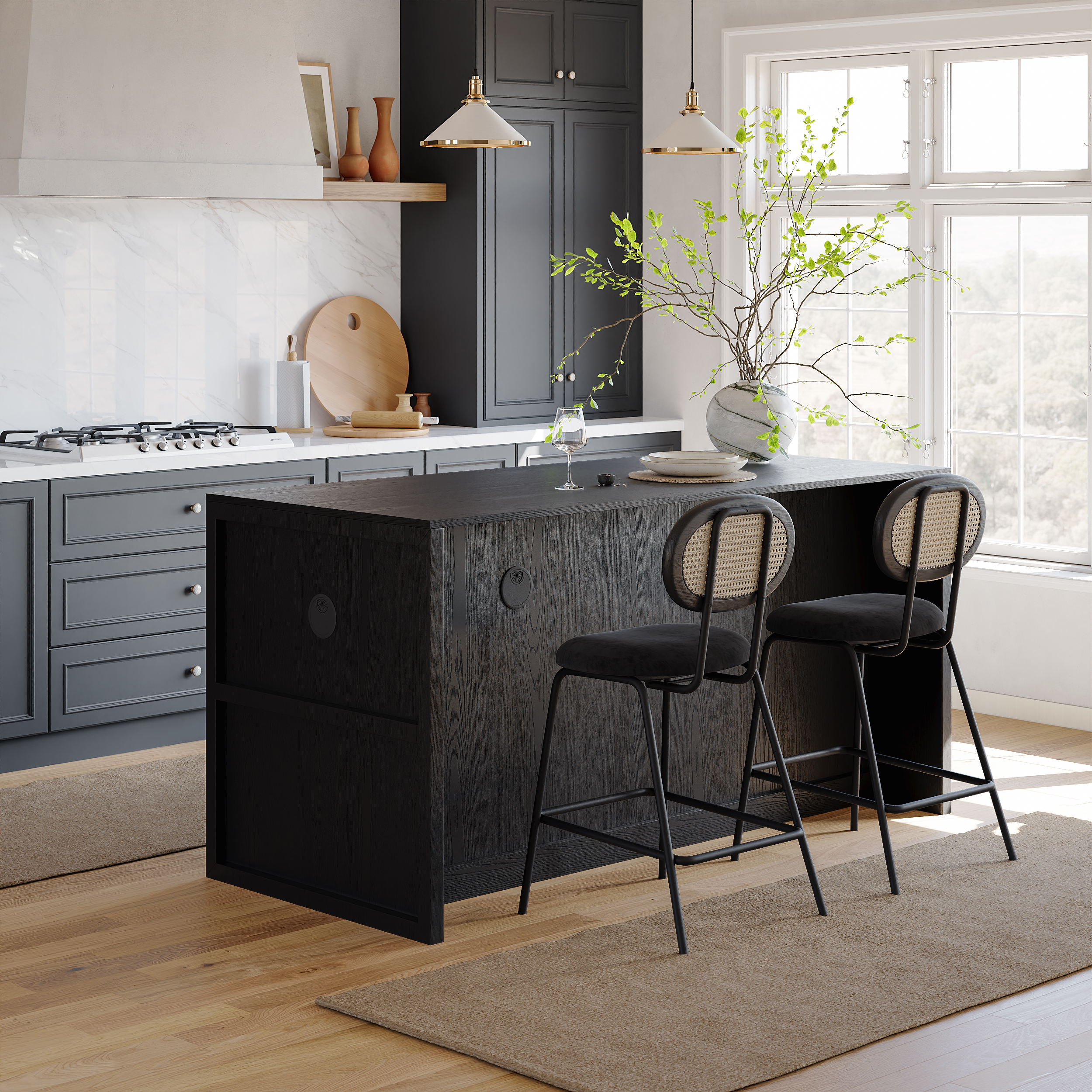 71" Modern Style Black Kitchen Islands with Glass Doors & Drawers