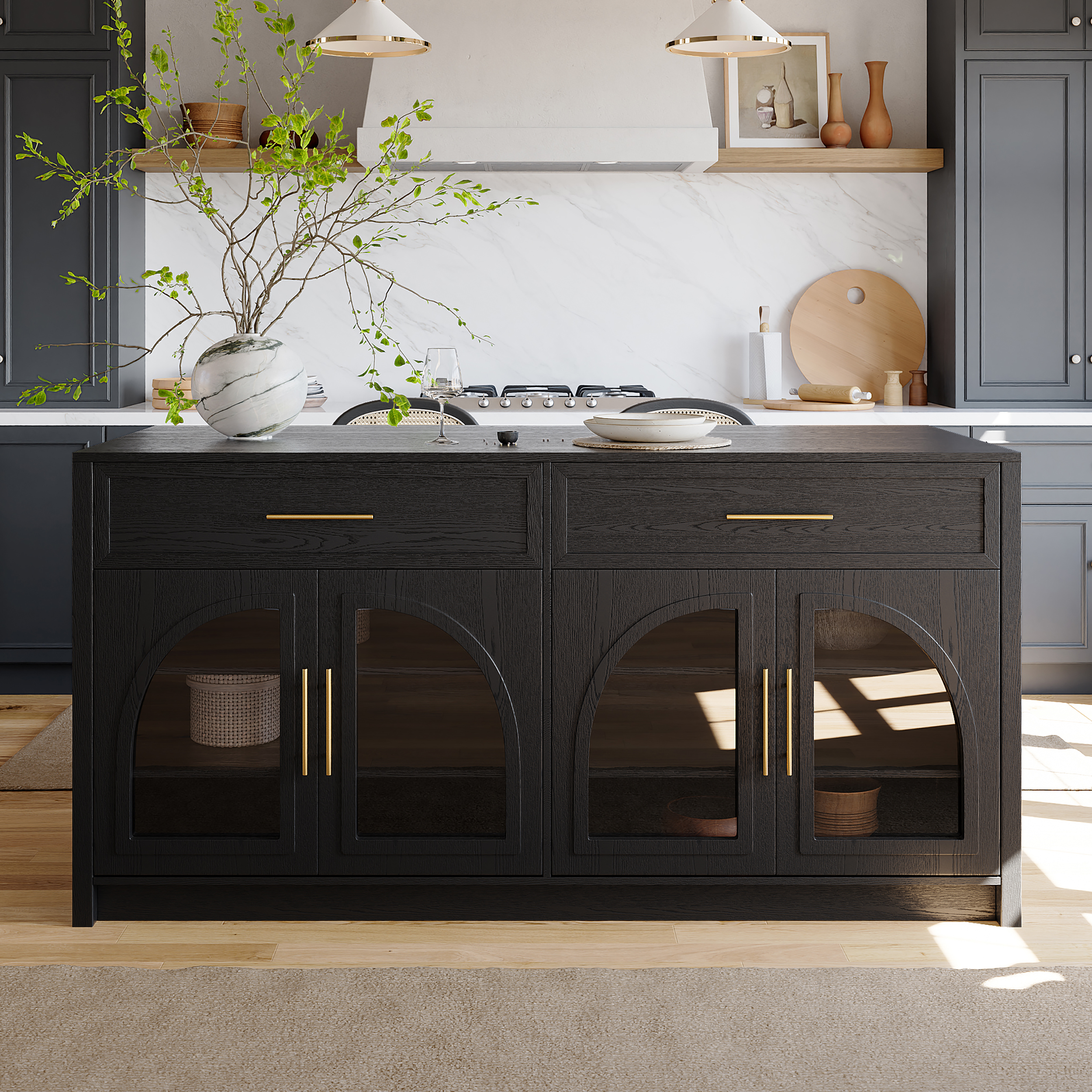 71" Modern Style Black Kitchen Islands with Glass Doors & Drawers