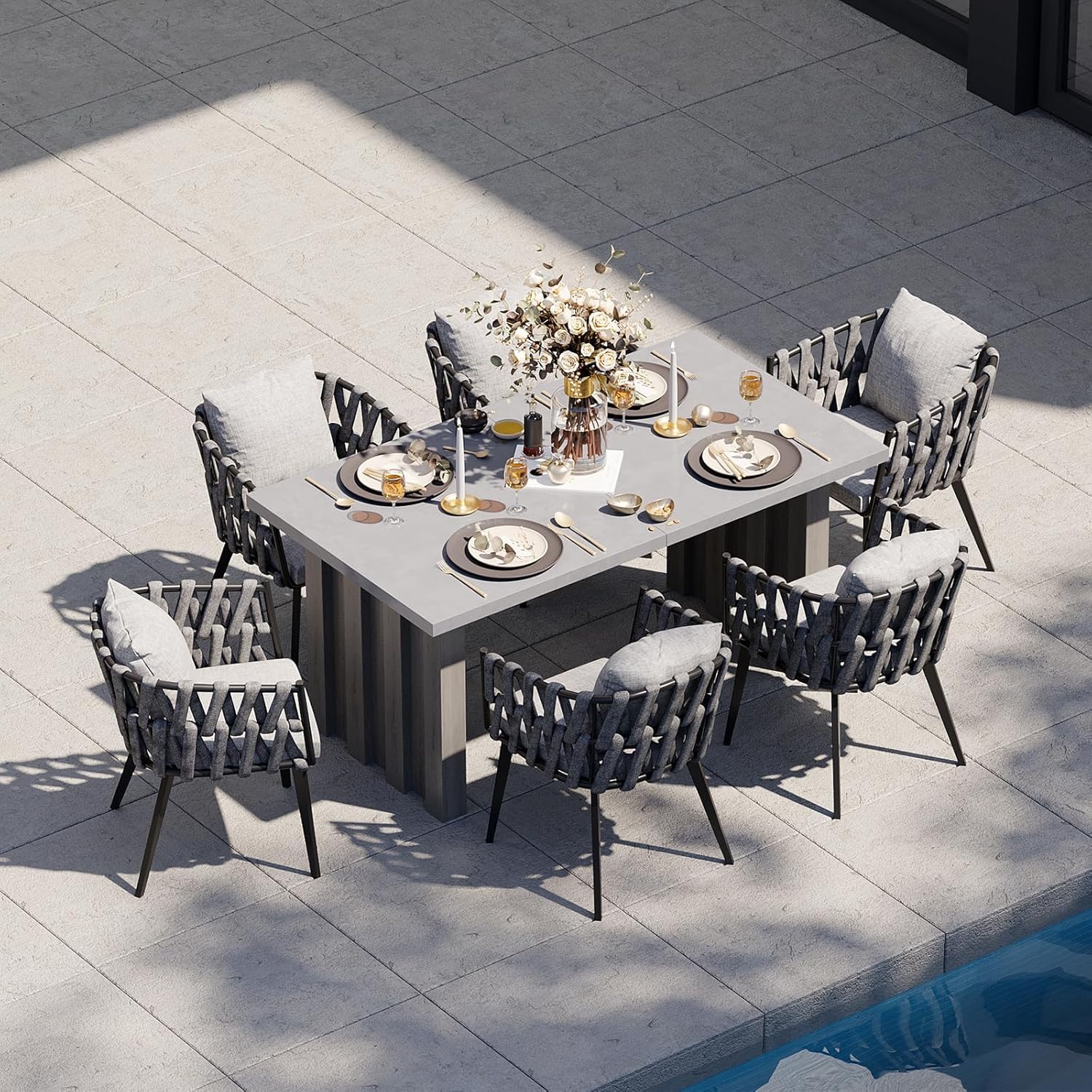 Ensemble de salle à manger de jardin en aluminium gris de 7 pièces avec table extensible et fauteuil tissé