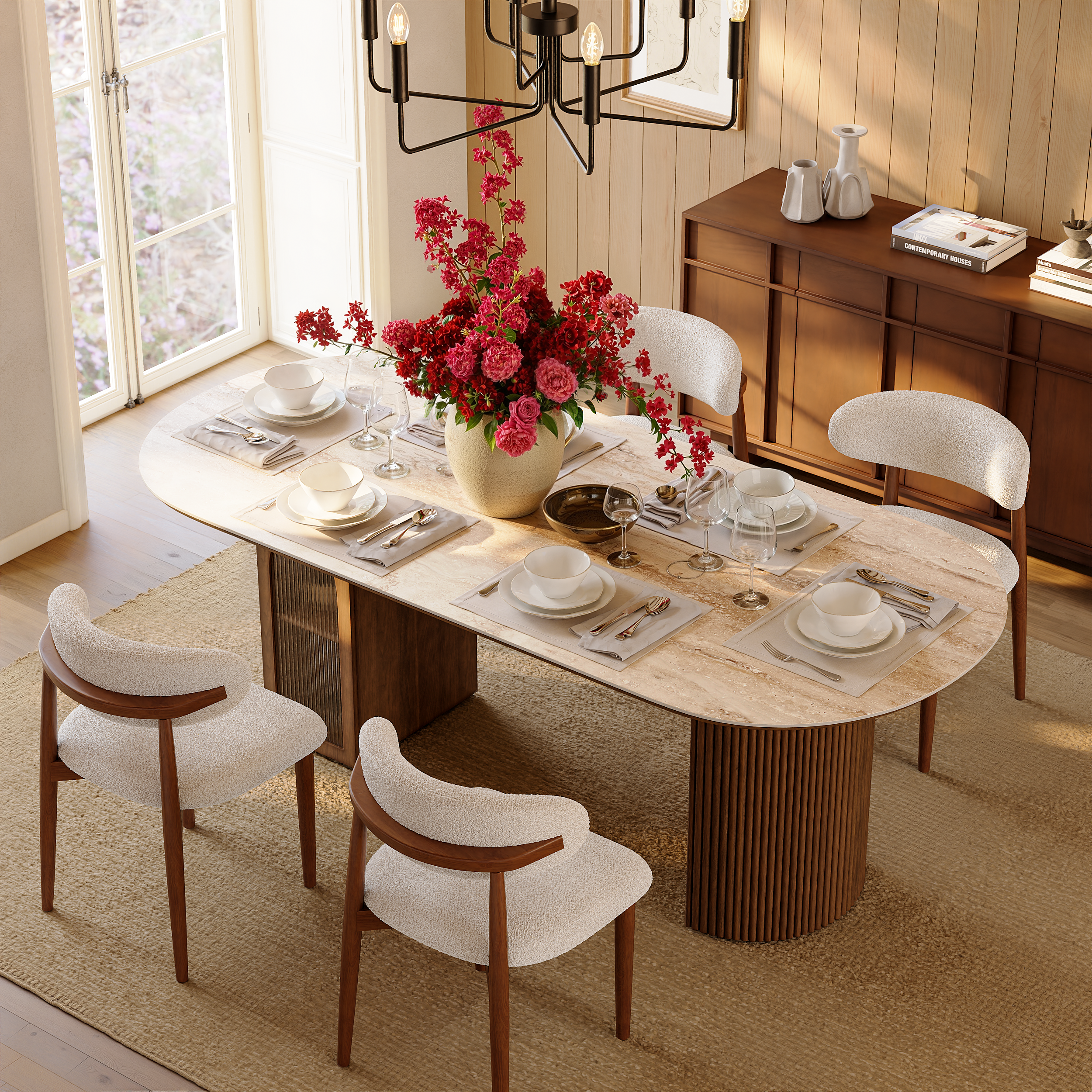 71" Faux Travertine Oval Dining Table with Fluted Base & Storage