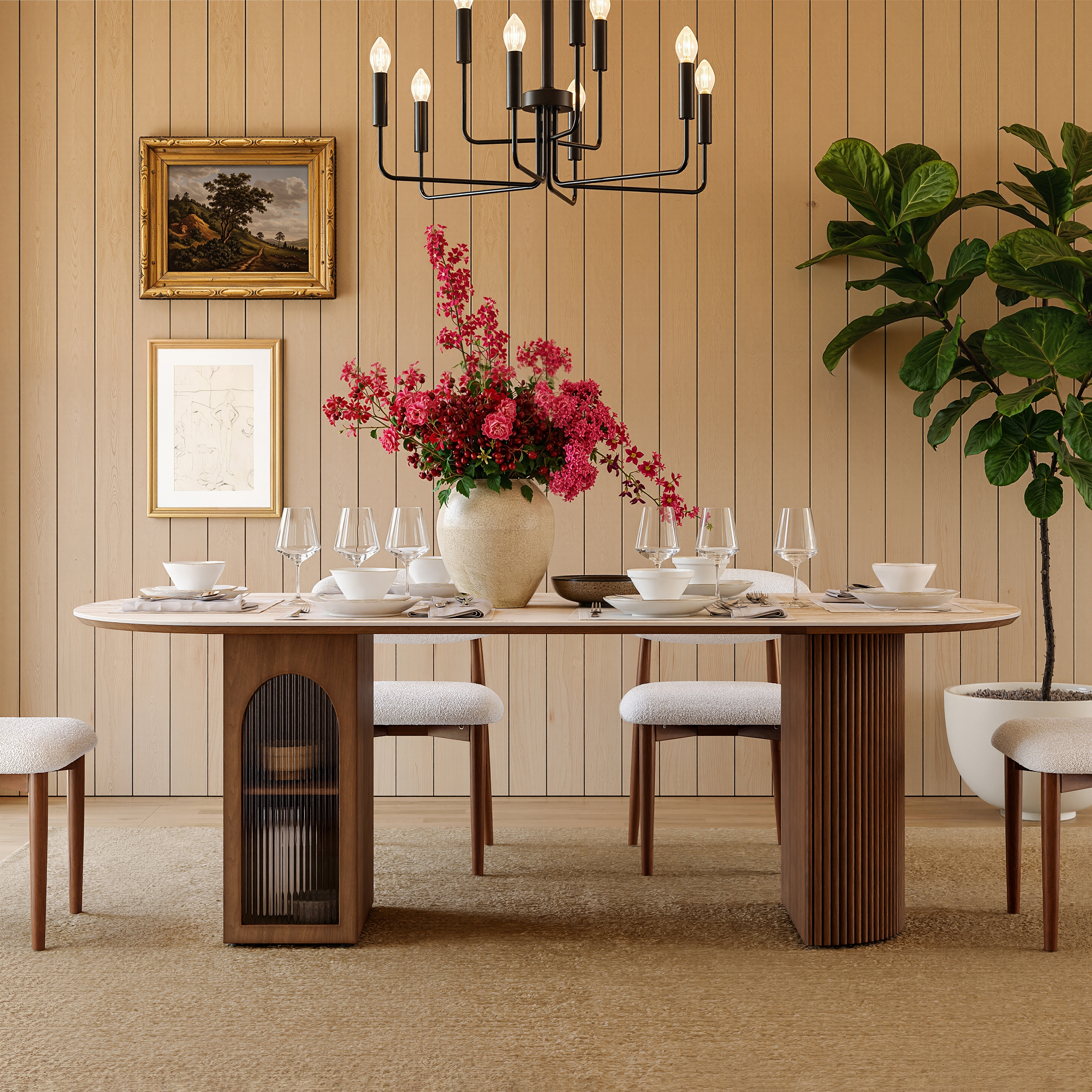 71" Faux Travertine Oval Dining Table with Fluted Base & Storage