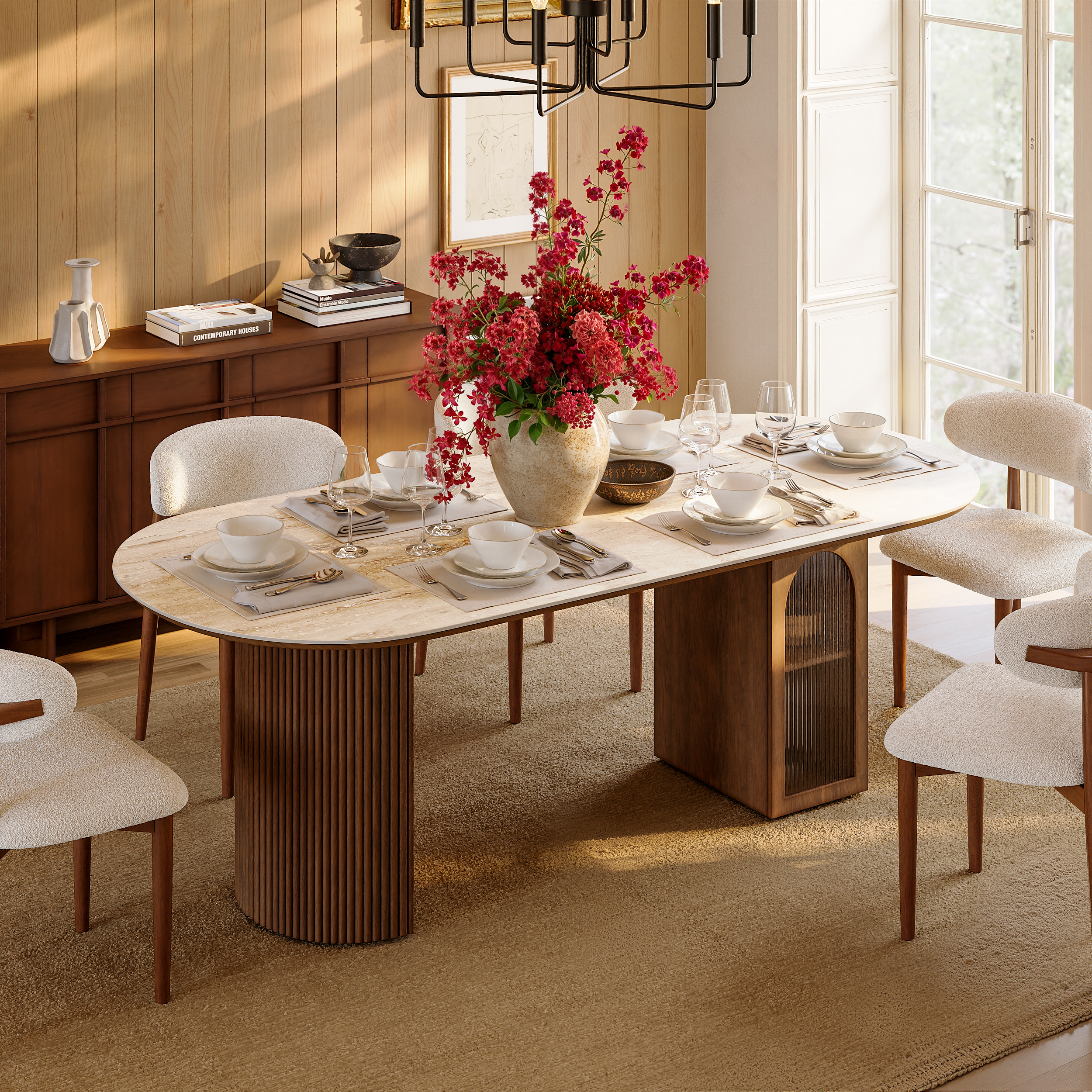 1800mm Faux Travertine Oval Dining Table with Fluted Base & Storage