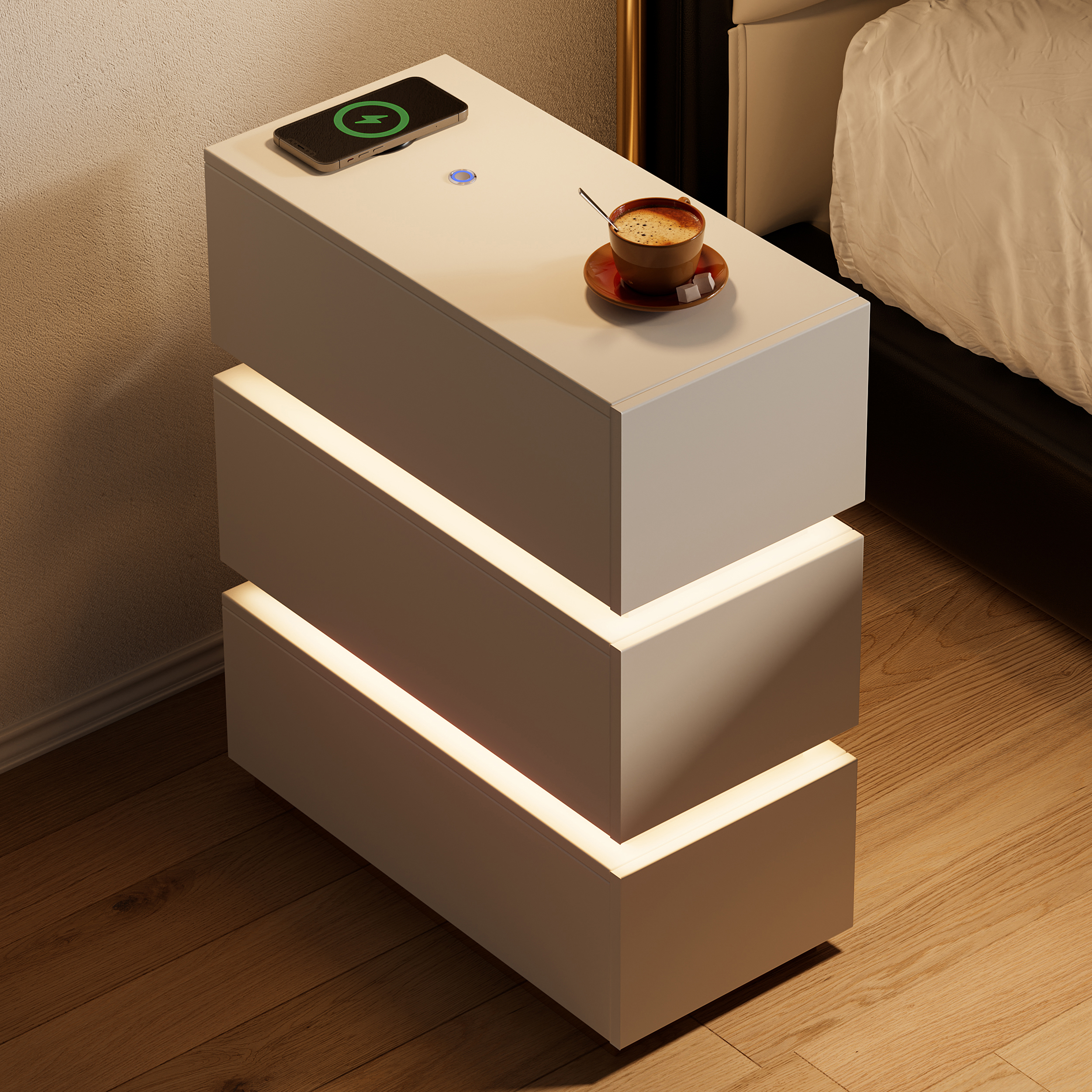 Mesita de noche estrecha x2 para cama boxspring con 3 cajones, LED, carga, madera blanca, moderna, 24 cm