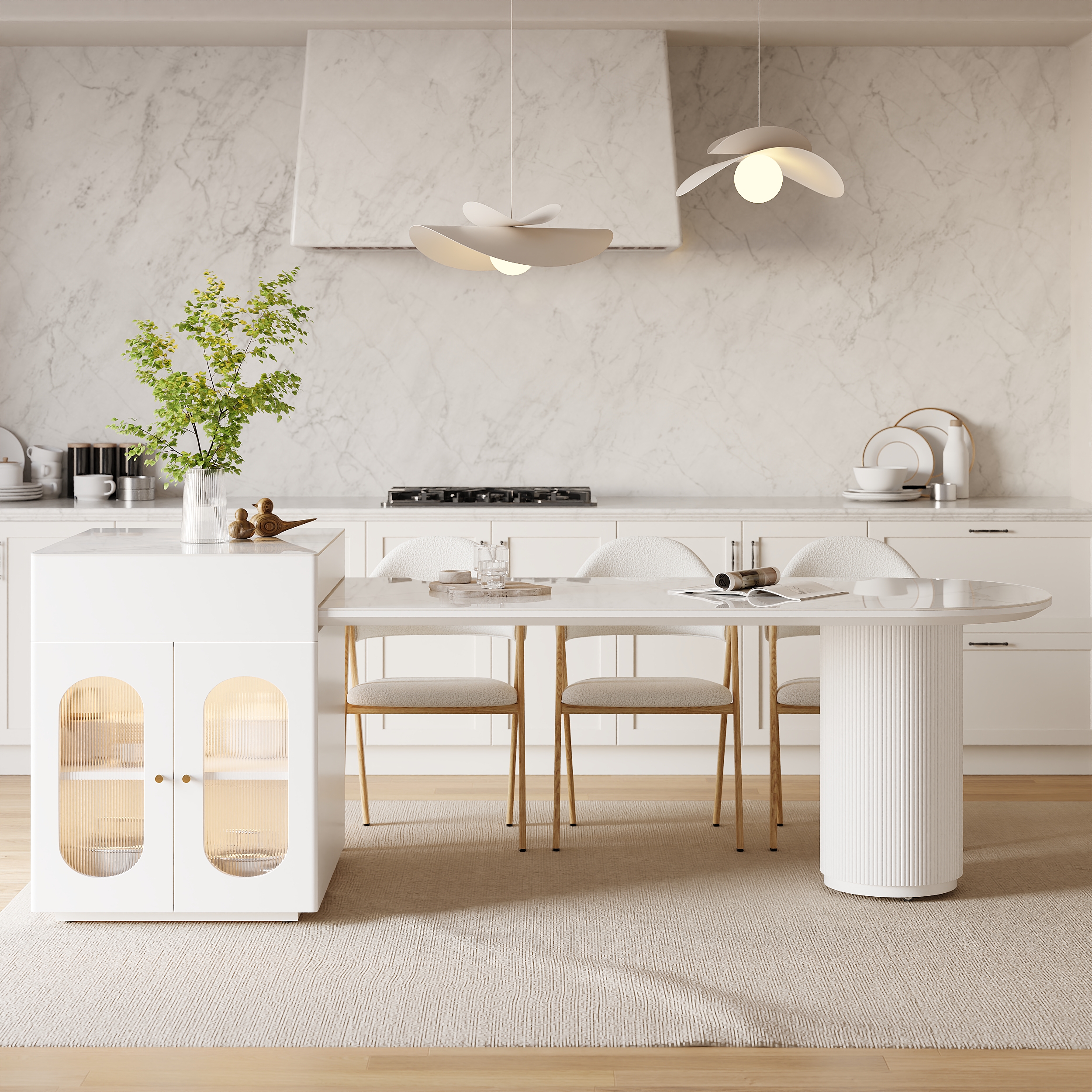 Expandable Kitchen Island with Marble-Pattern Sintered Stone Top 70.9"-82.7"