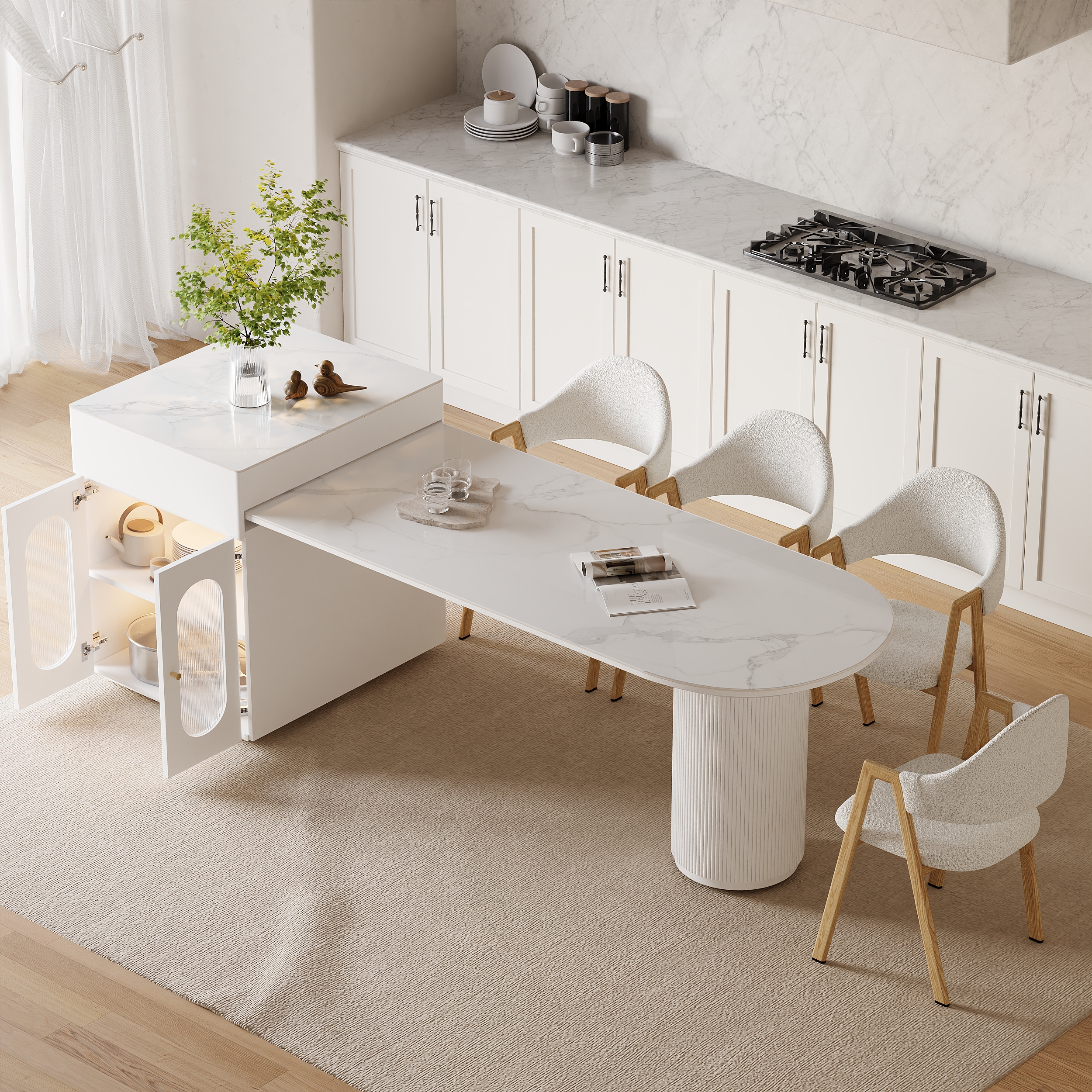 Expandable Kitchen Island with Marble-Pattern Sintered Stone Top 70.9"-82.7"
