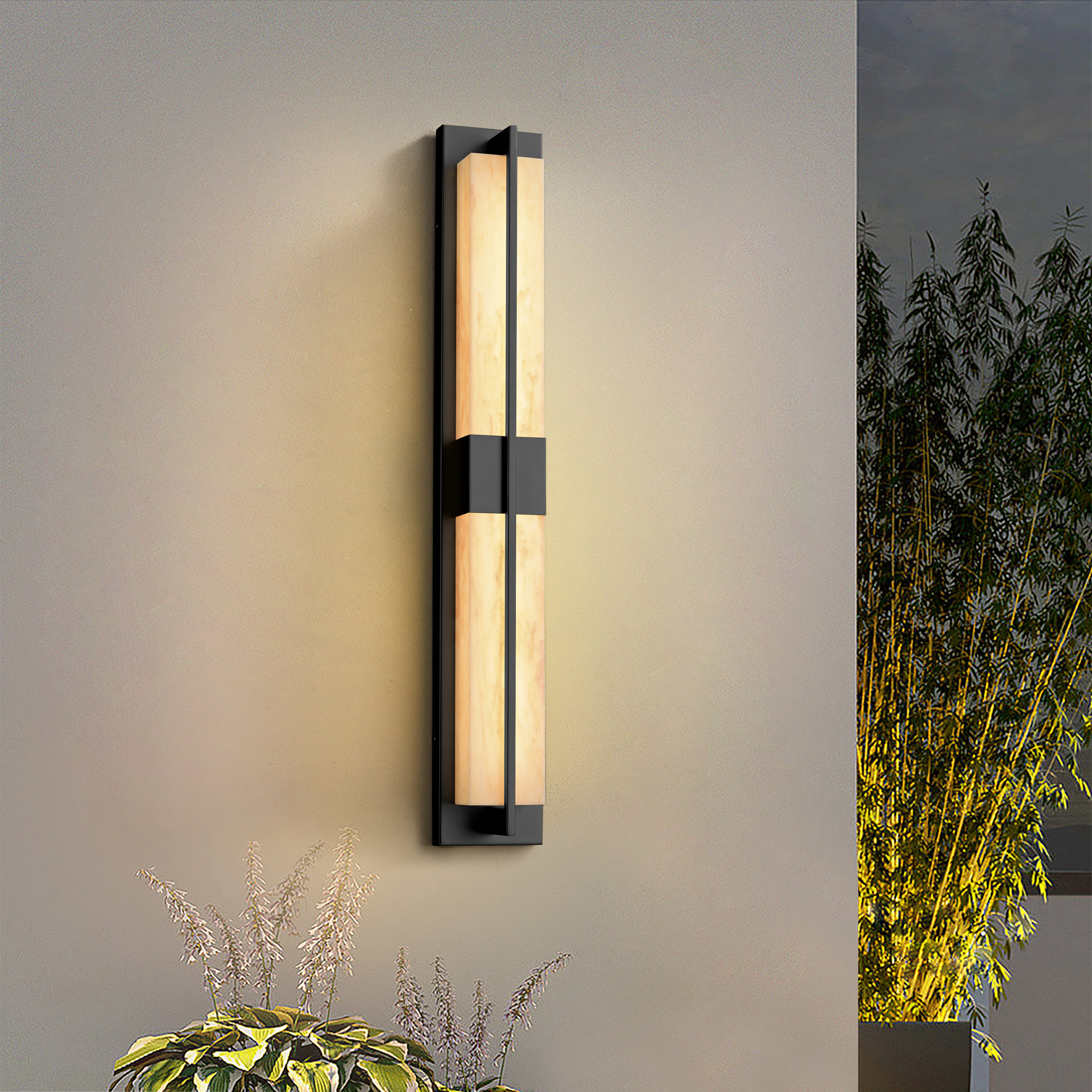 31" Outdoor Wall Light with Matte Black Iron Frame & Beige Marble-Effect Acrylic Shade