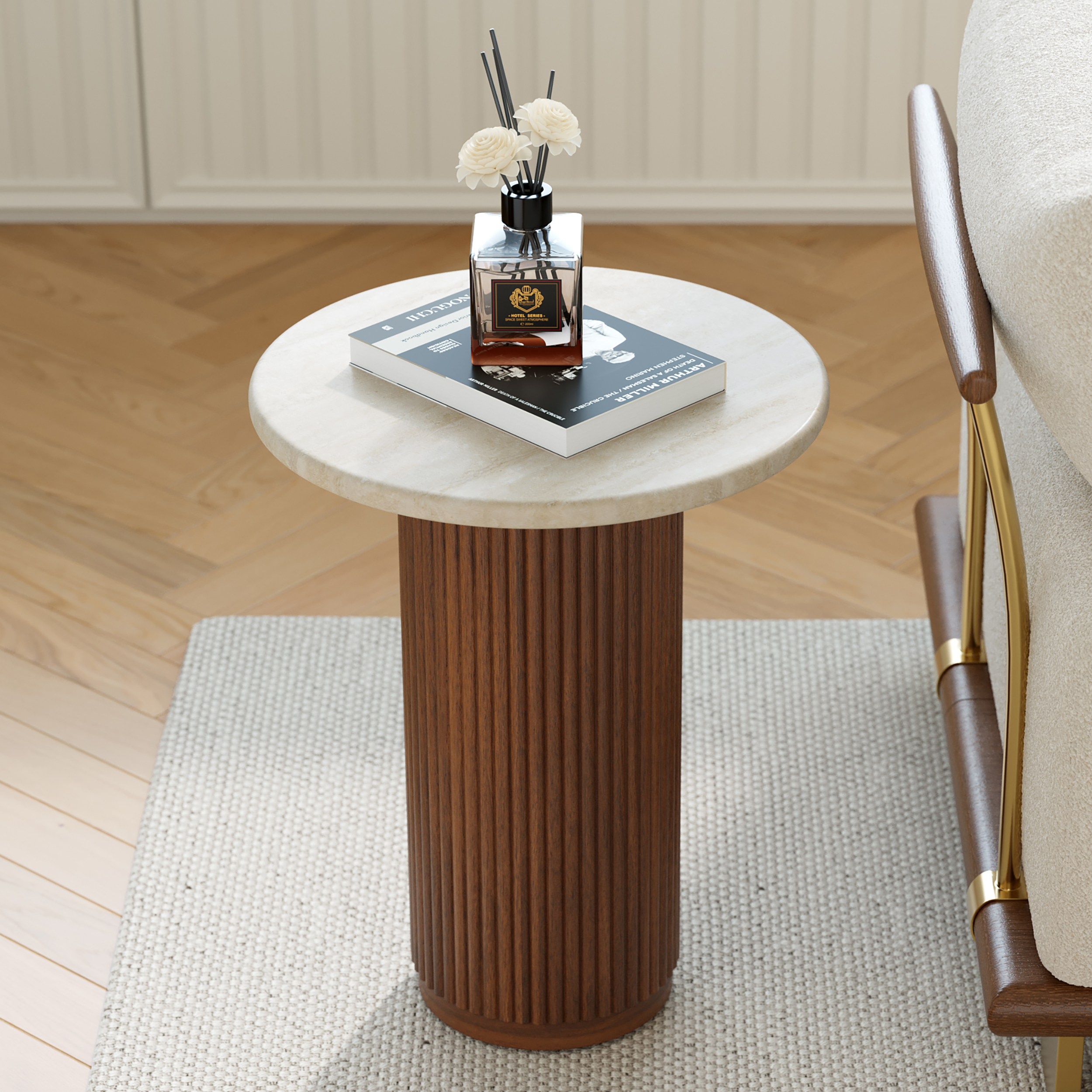 Faux Marble Round End Table Modern Side Table with Wood Base