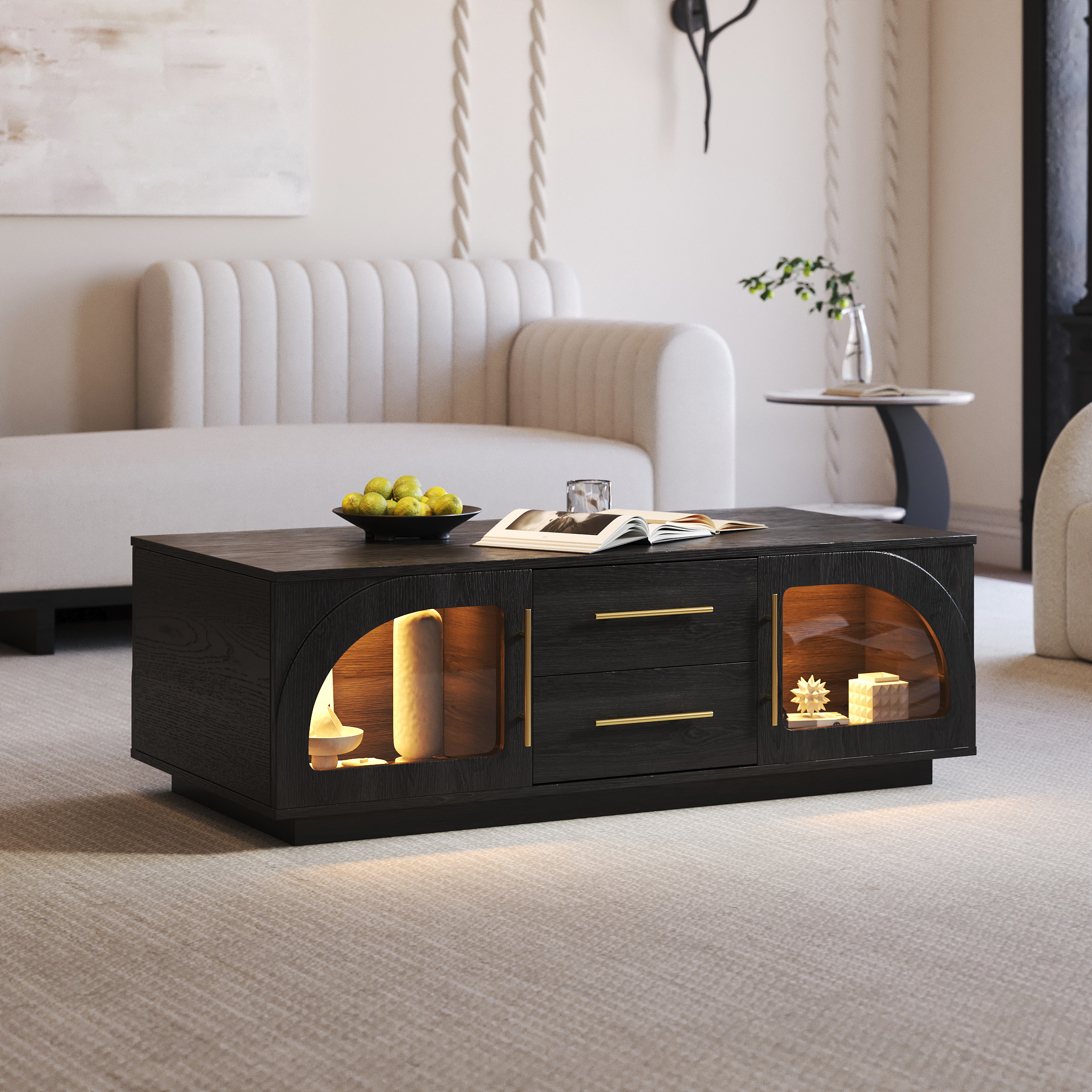 Arune Arched Glass Coffee Table Modern Black Living Room Furniture with Storage and LED