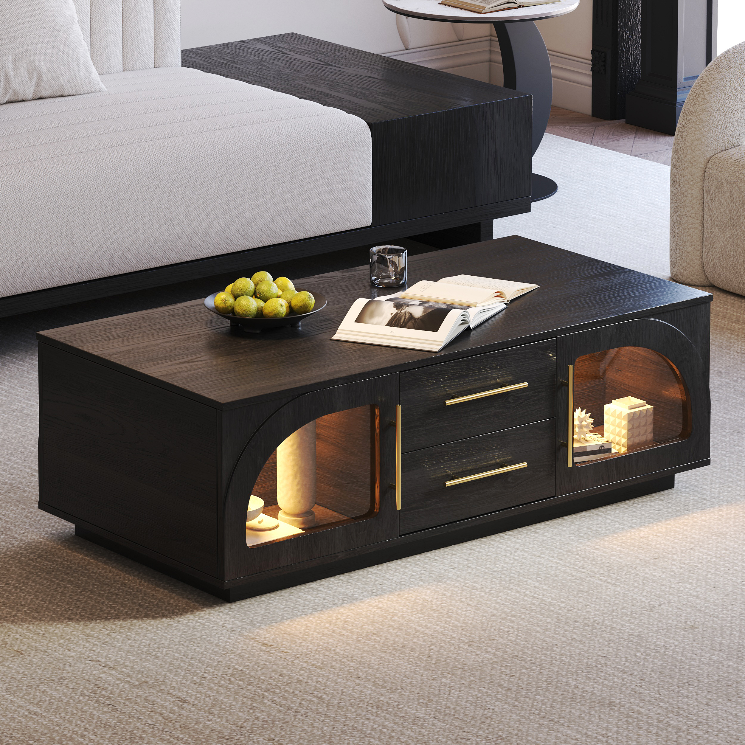 Arune Arched Glass Coffee Table Modern Black Living Room Furniture with Storage and LED