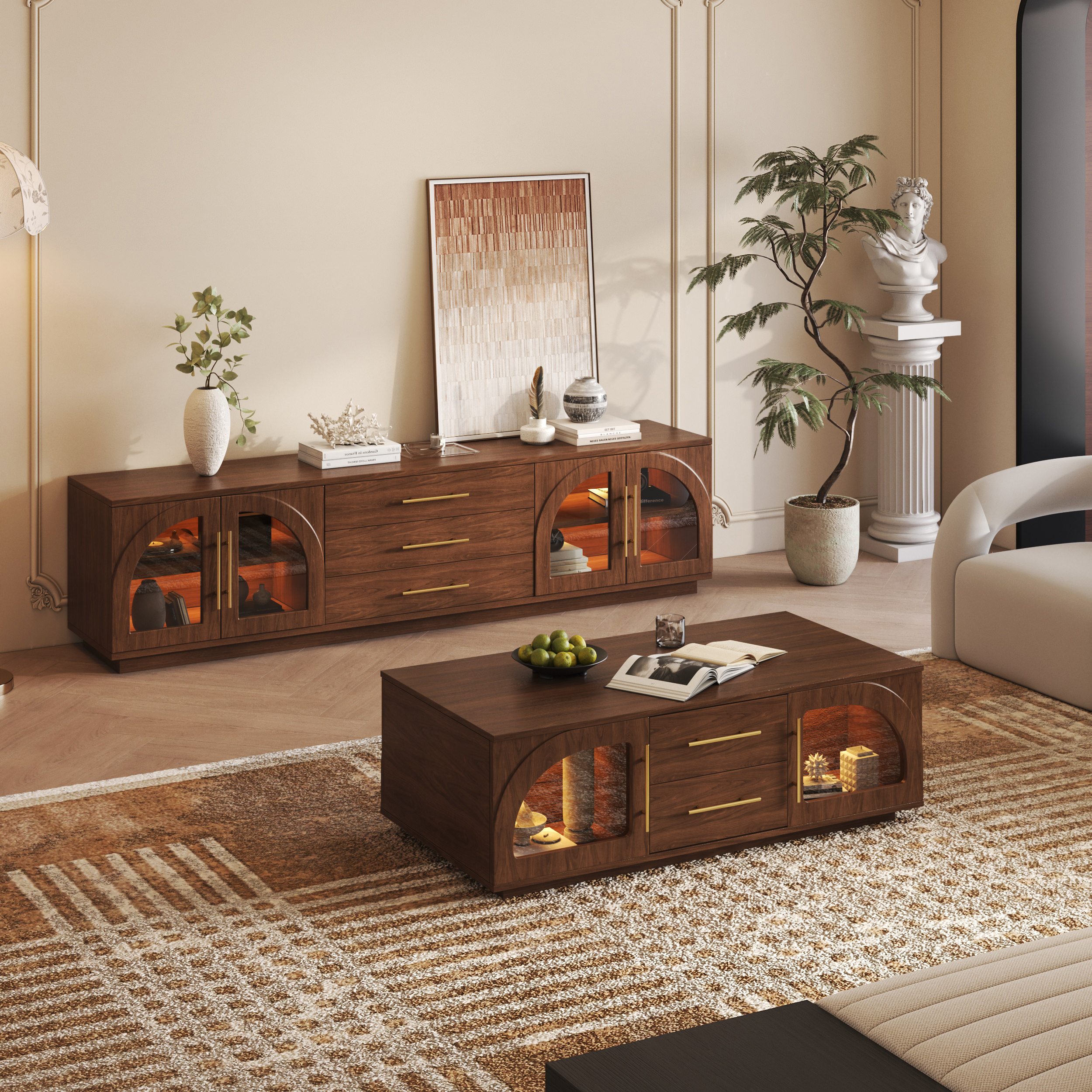 Arune 80" Mid Century Modern TV Stand Coffee Table Set with LED Lights and Arched Glass Cabinet