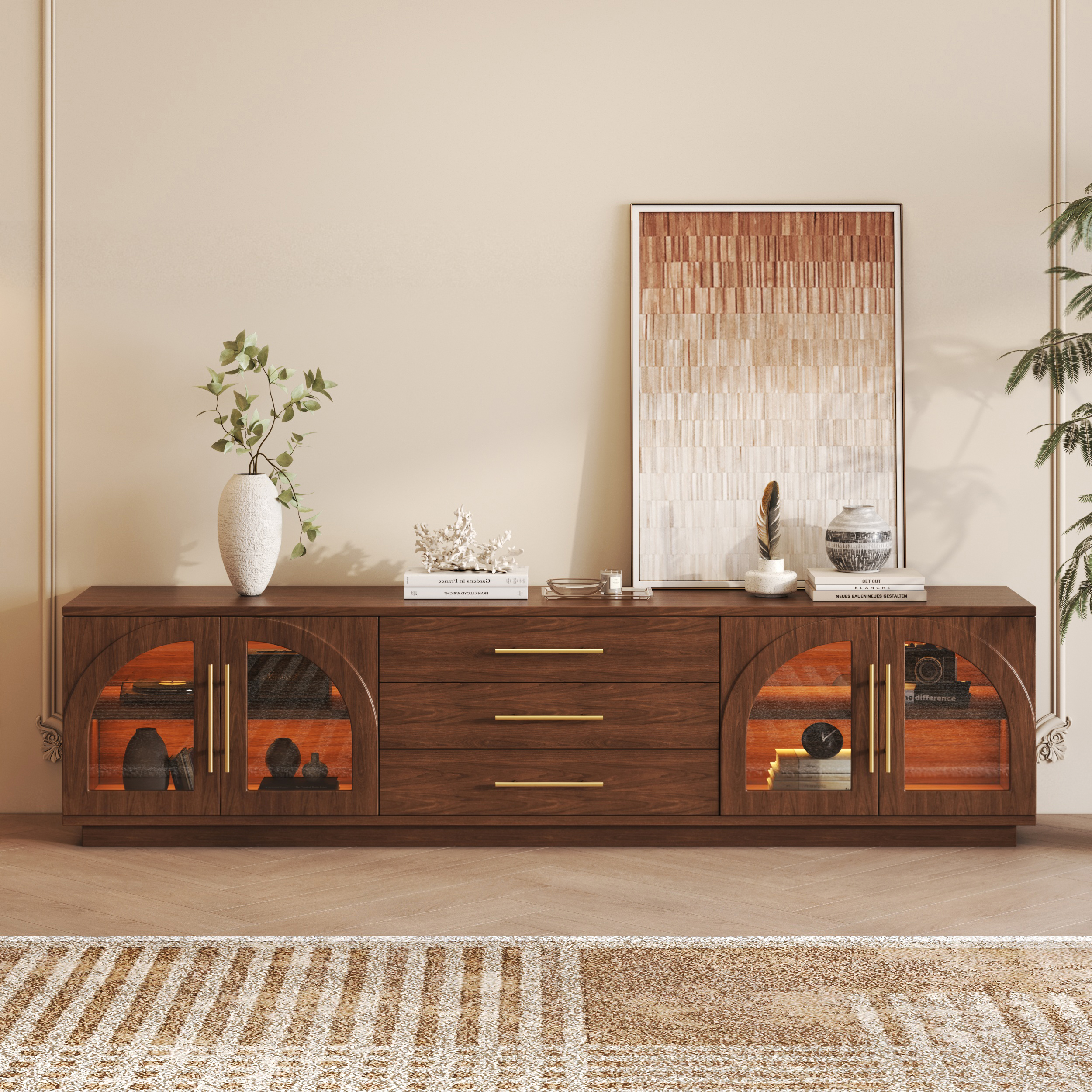 Arune 80" Mid Century Modern Walnut TV Stand with LED Lights and Arched Glass Cabinet