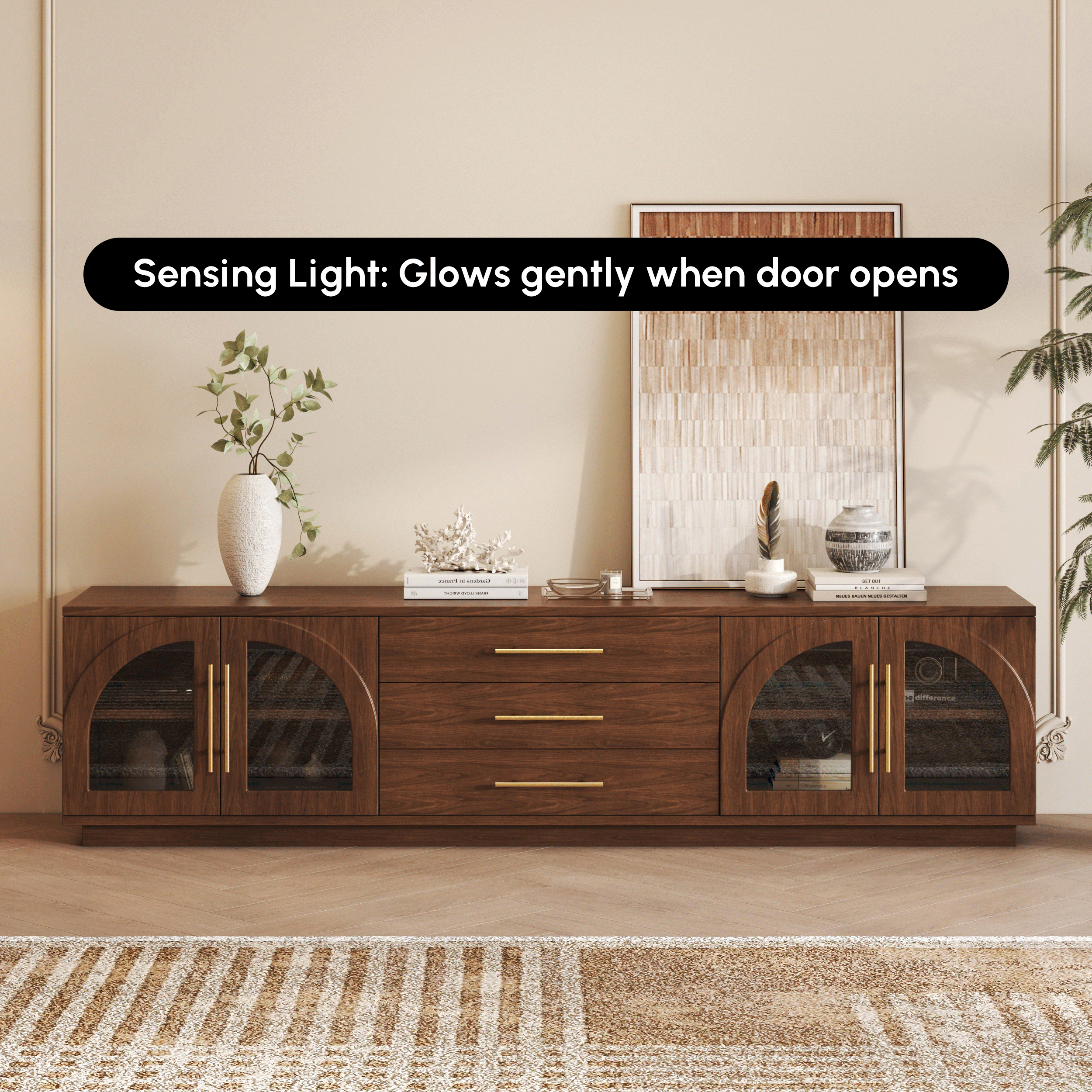 Arune 80" Mid Century Modern TV Stand Coffee Table Set with LED Lights and Arched Glass Cabinet