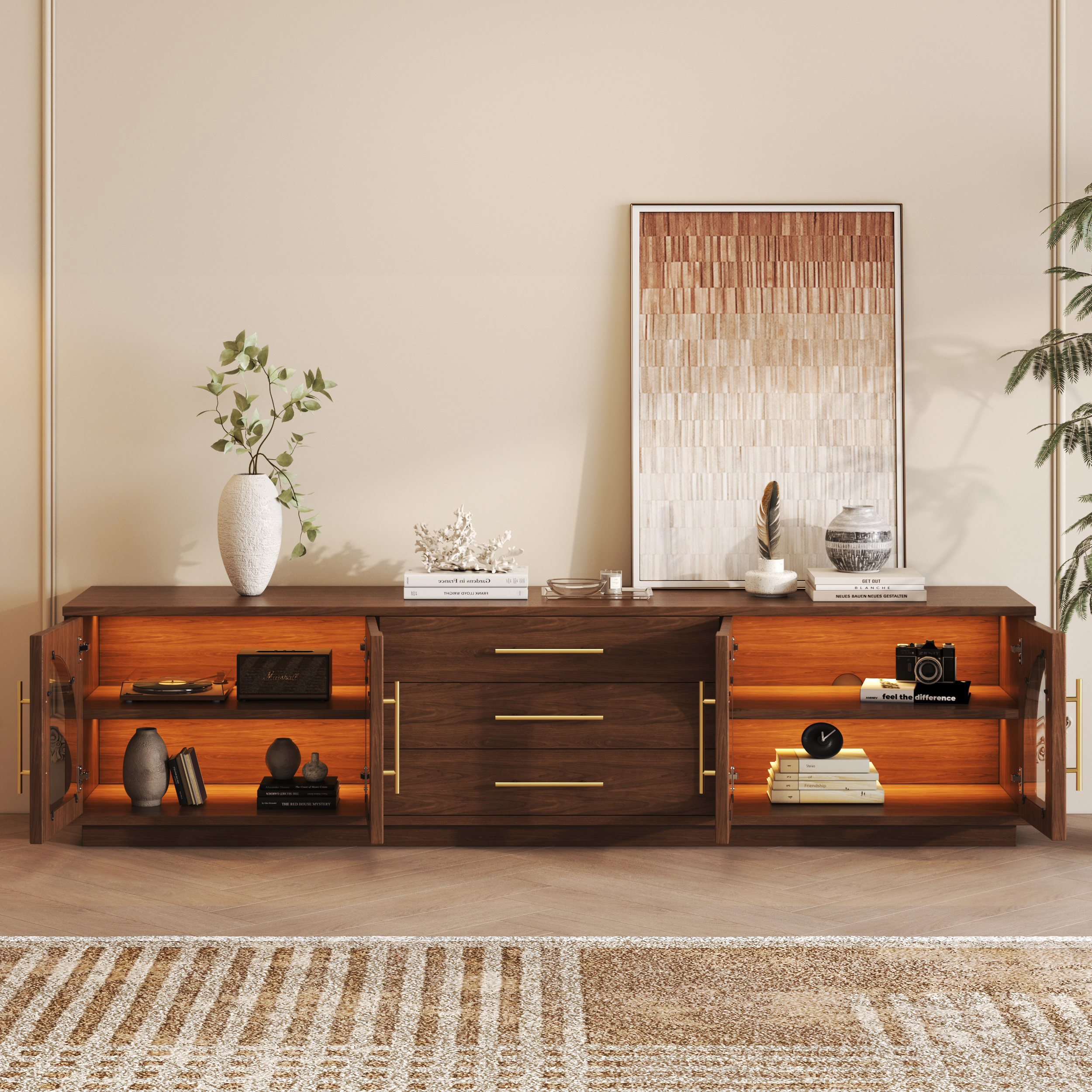 Arune 80" Mid Century Modern Walnut TV Stand with LED Lights and Arched Glass Cabinet