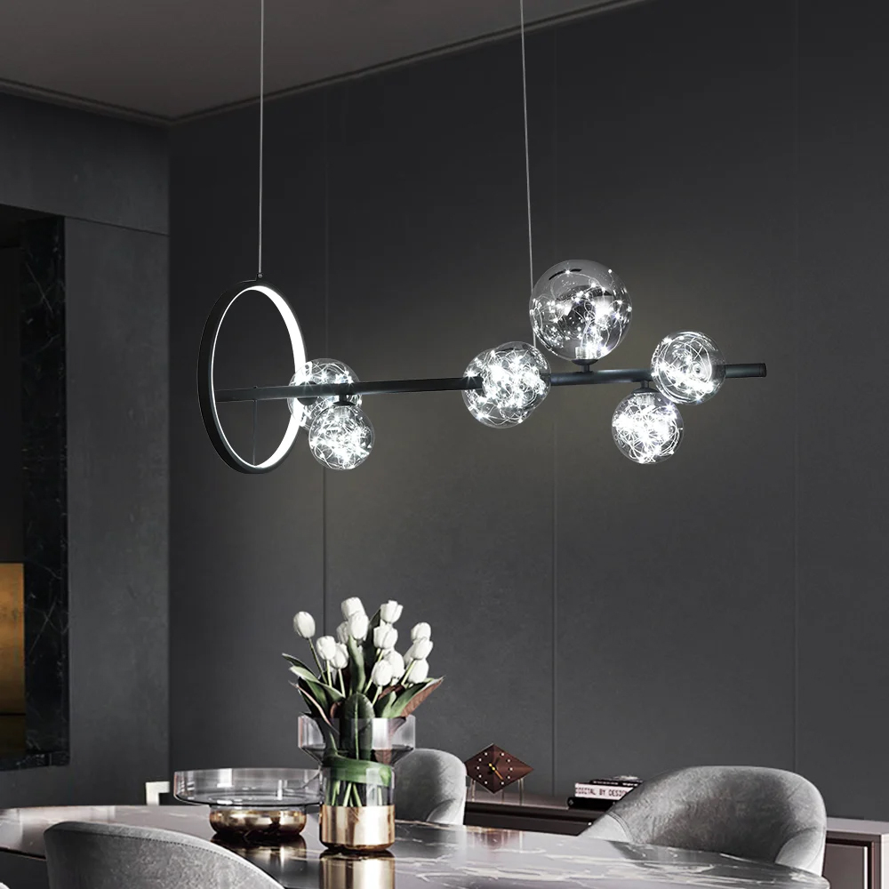 Modern 7-Light Black Kitchen Island Light with Glass Globe Shade Ceiling Pendant Lights