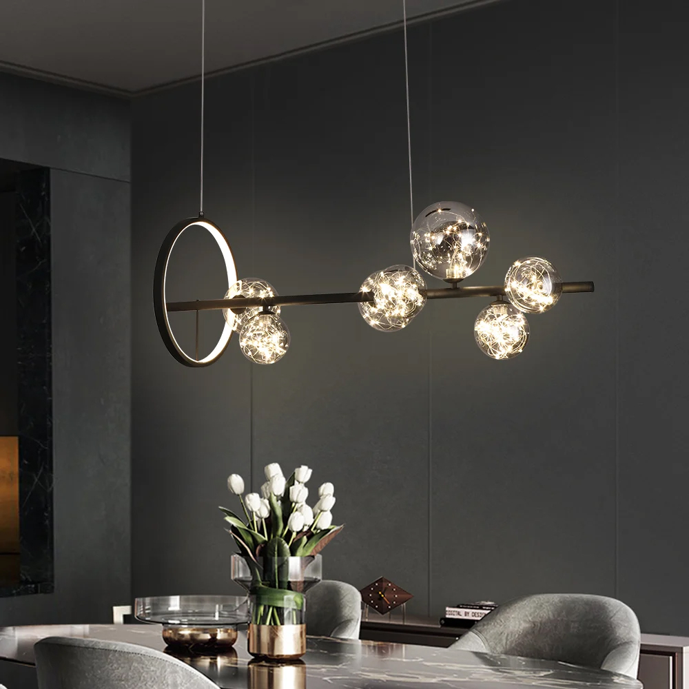 Modern 7-Light Black Kitchen Island Light with Glass Globe Shade Ceiling Pendant Lights