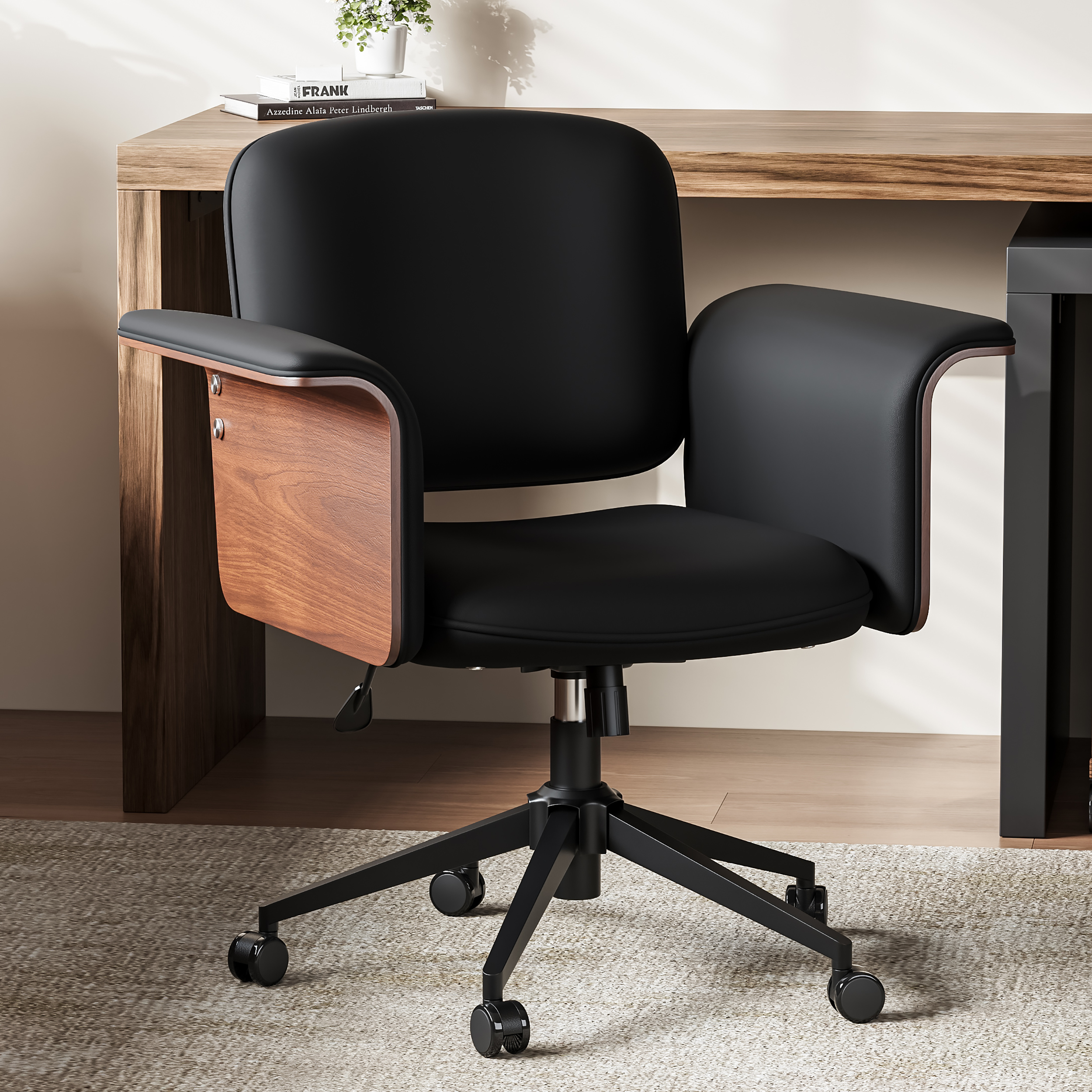 Adjustable Swivel Office Chair Wood & Faux Leather Ergonomic Office Desk Chair in Black