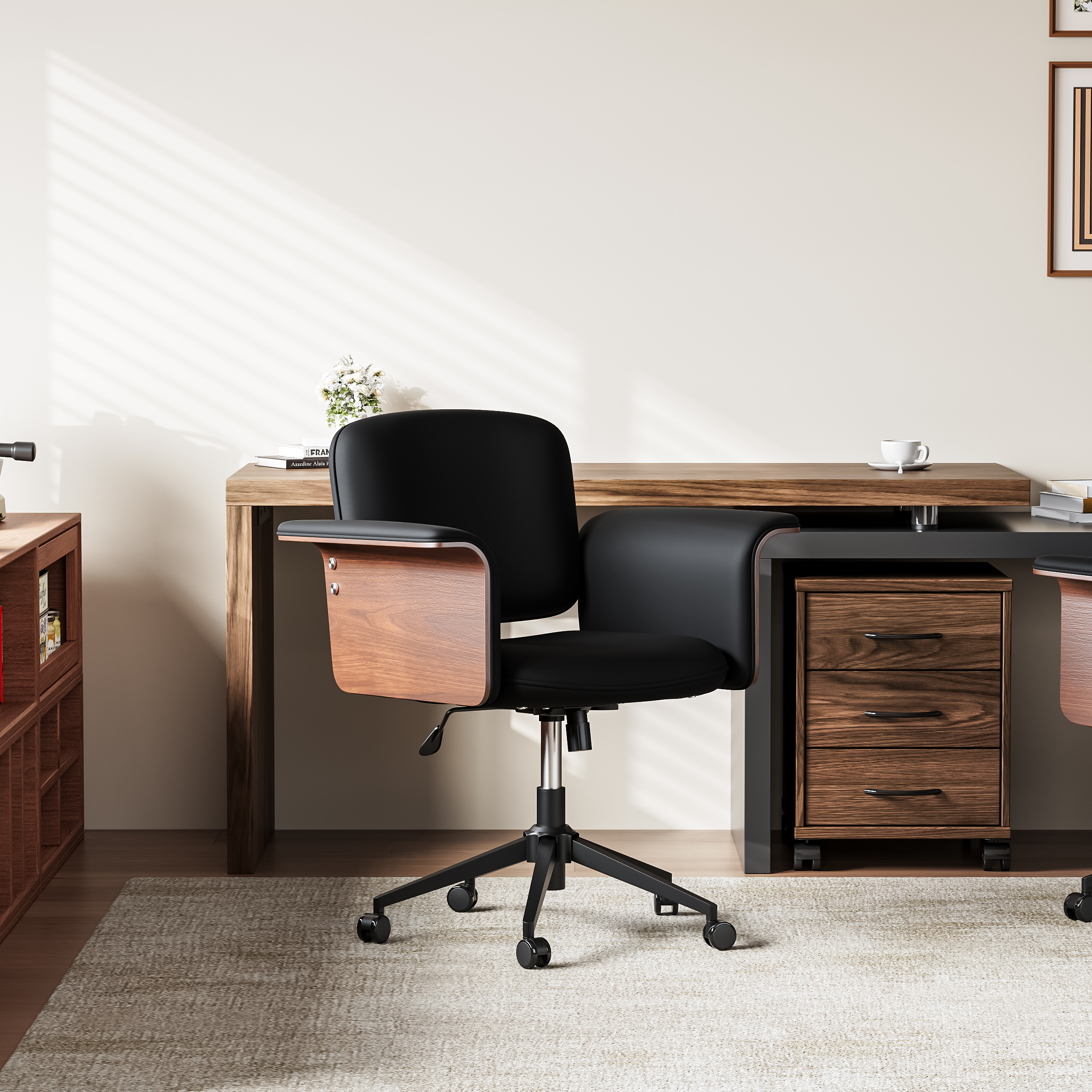 Adjustable Swivel Office Chair Wood & Faux Leather Ergonomic Office Desk Chair in Black