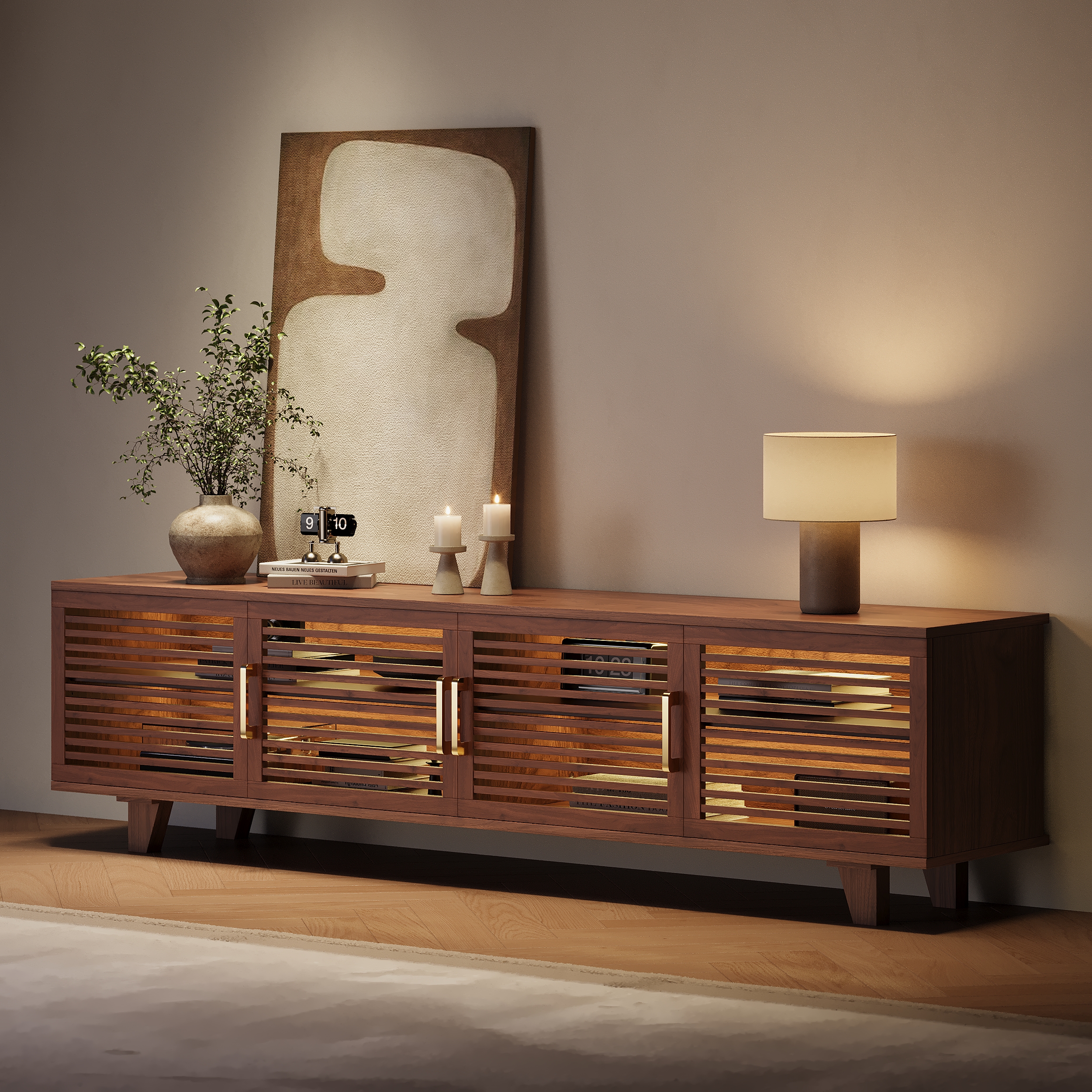 87'' Solid Ash Wood TV Stand Mid Century Modern Media Console with Storage & LED in Walnut
