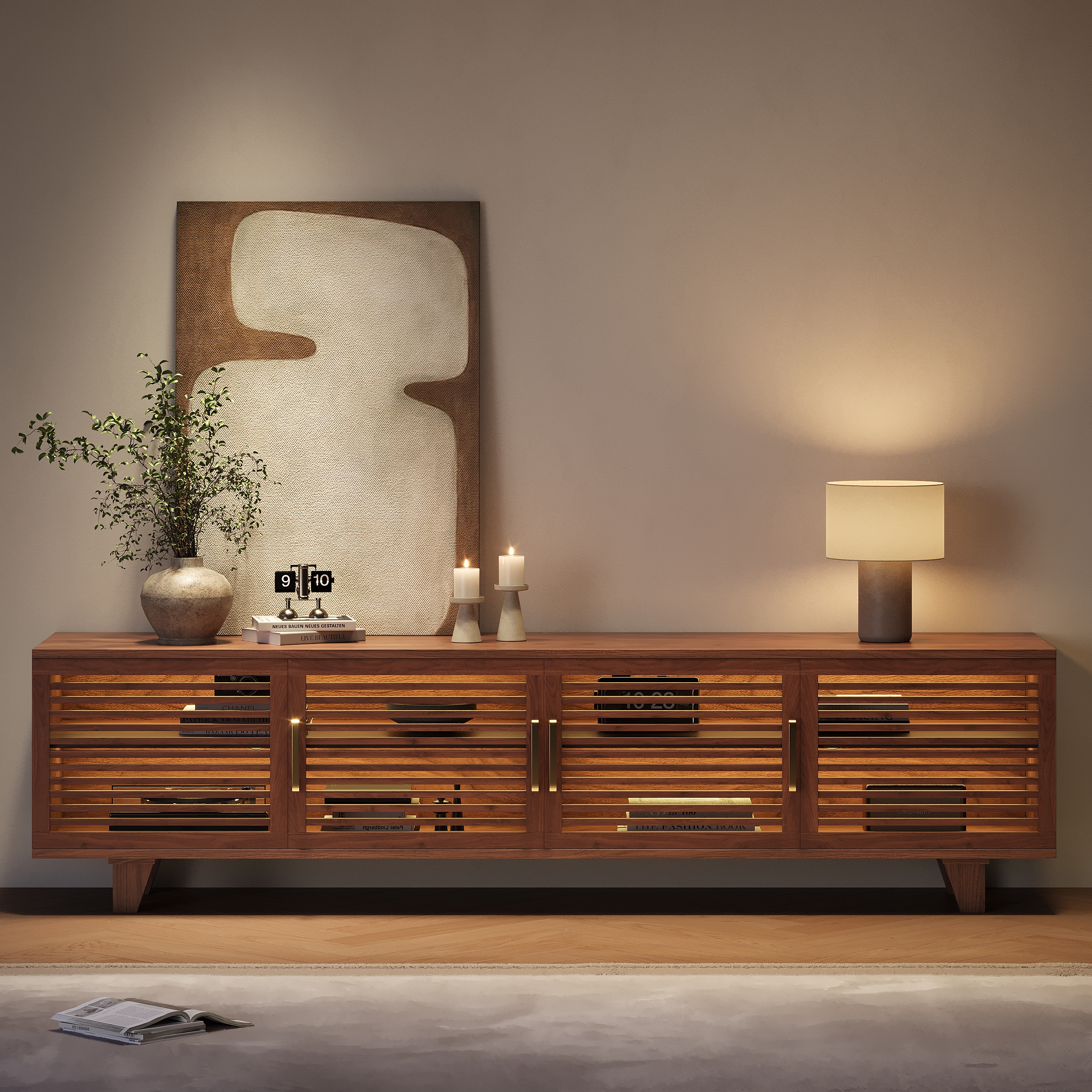 87'' Solid Ash Wood TV Stand Mid Century Modern Media Console with Storage & LED in Walnut