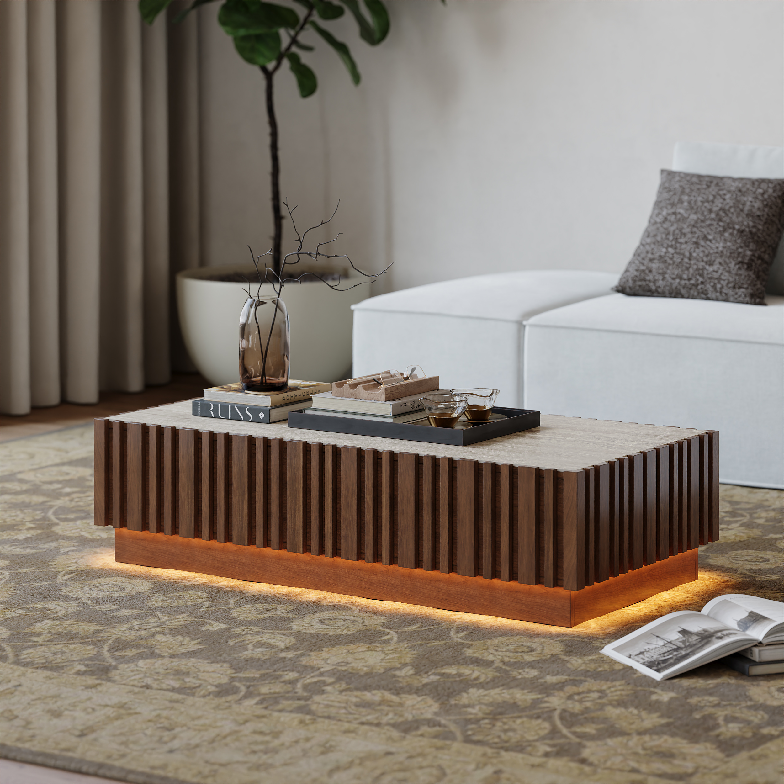 Aura Ash Wood Slatted Coffee Table Modern Walnut Sintered Stone Top Table with LED Light
