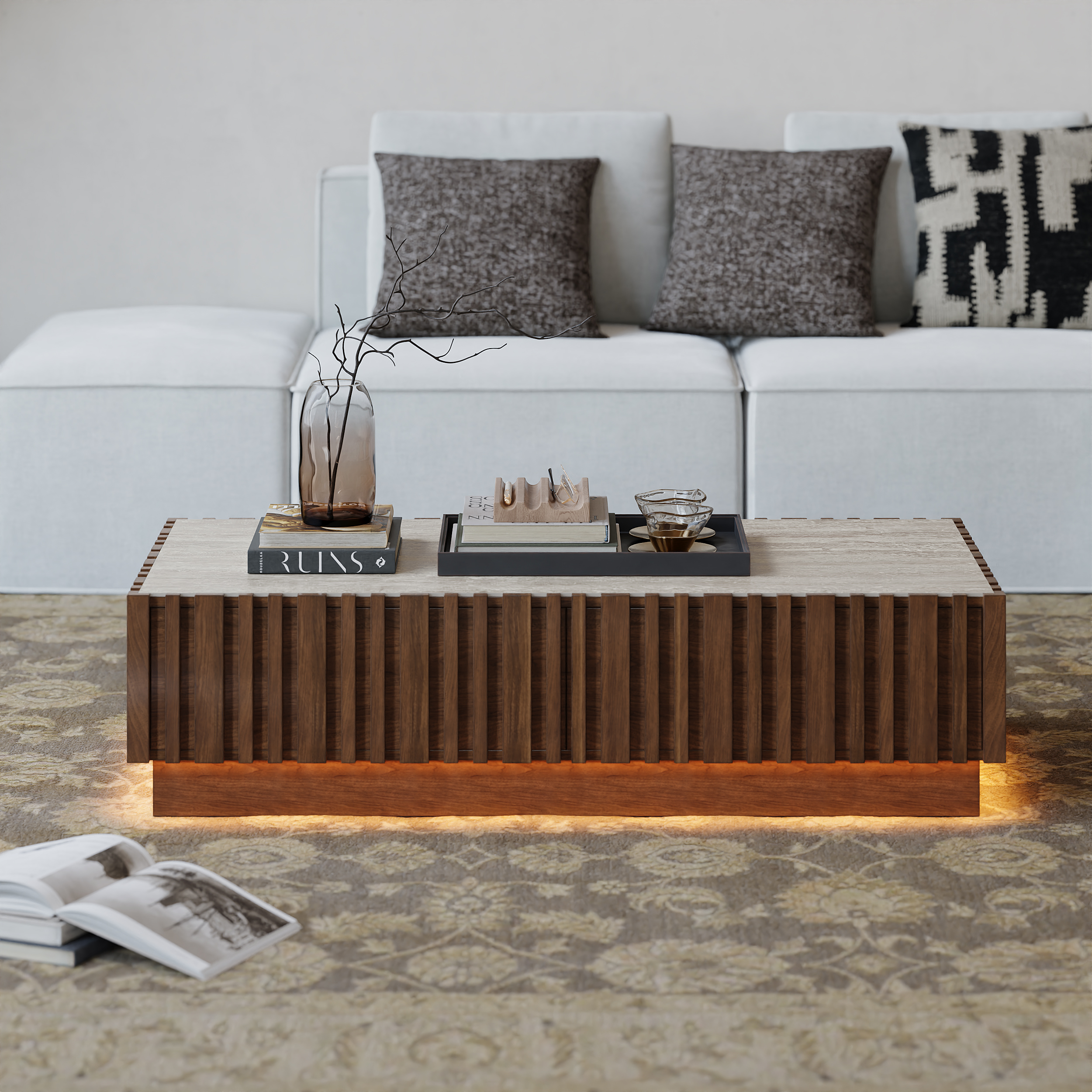 Aura Ash Wood Slatted Coffee Table Modern Walnut Sintered Stone Top Table with LED Light