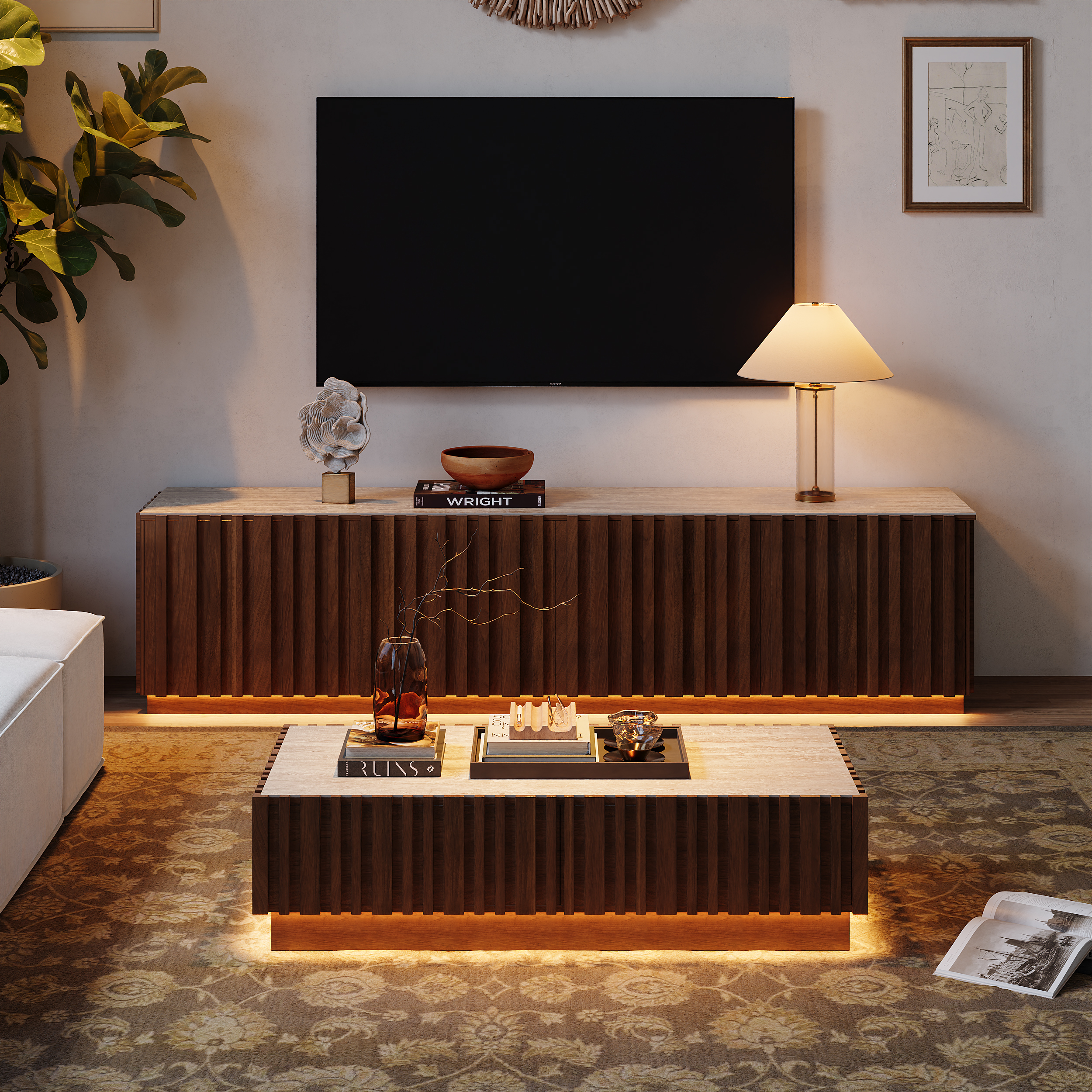 Aura TV Stand Set of Ash Wood Slatted TV Stand & Coffee Table with