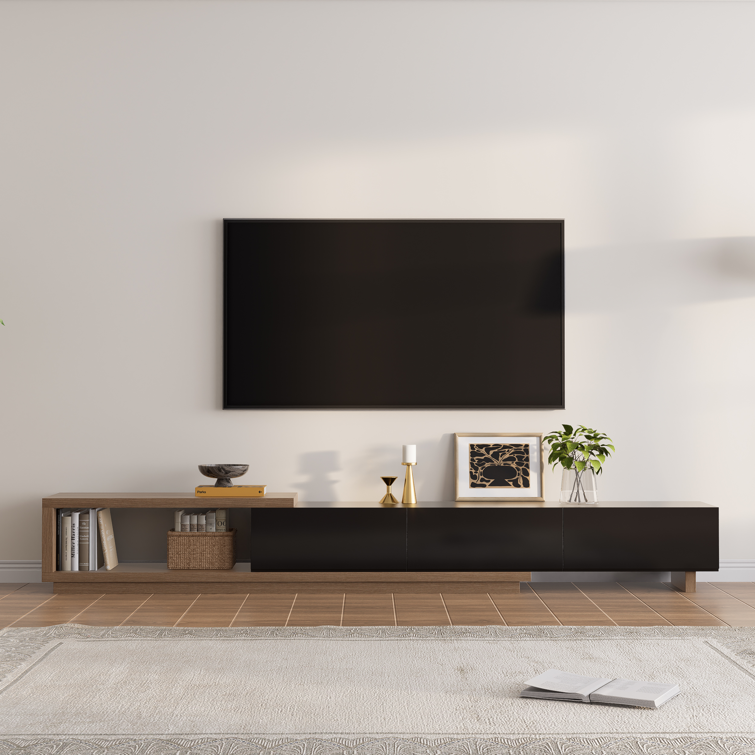 Meuble TV Noir et Noyer Moderne Console Rétractable et Extensible à 3 Tiroirs