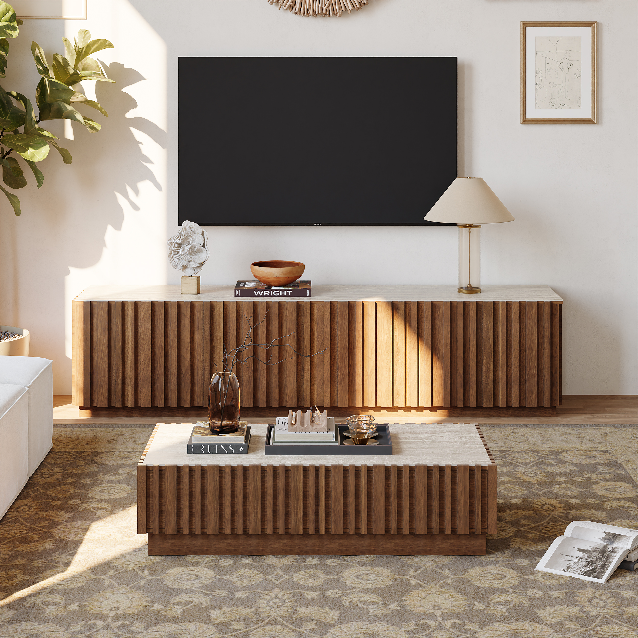 Aura 83" Mid-Century Modern Ash Wood Slatted Walnut TV Stand Coffee Table Set with Travertine Veneer
